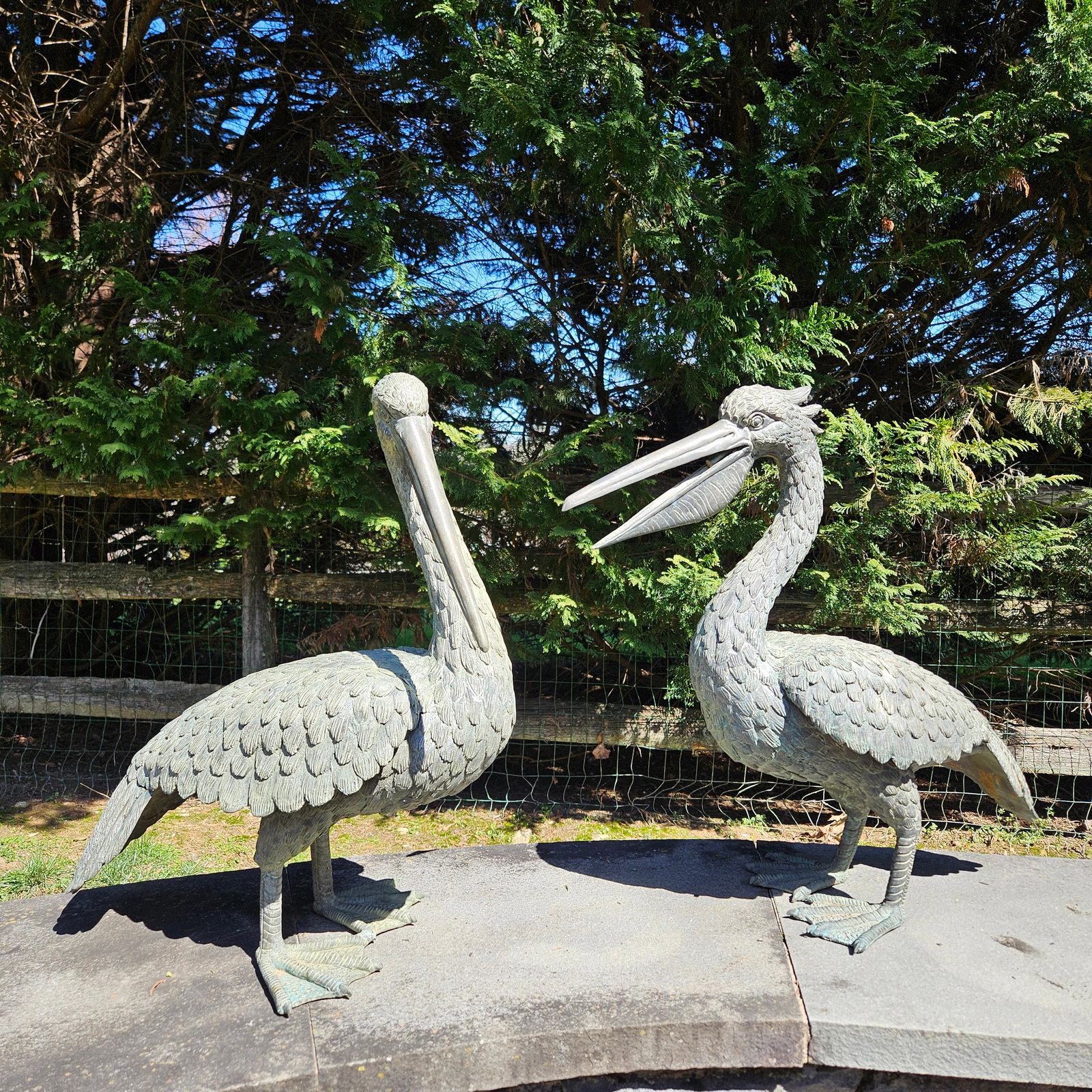Pair of Bronze Garden Pelican Sculptures: Pair of bronze pelican garden sculptures. Both are approx. 21-1/2in tall x 19in wide. | Philadelphia Metro area delivery, NYC curbside delivery, and international third-party shipper information are a