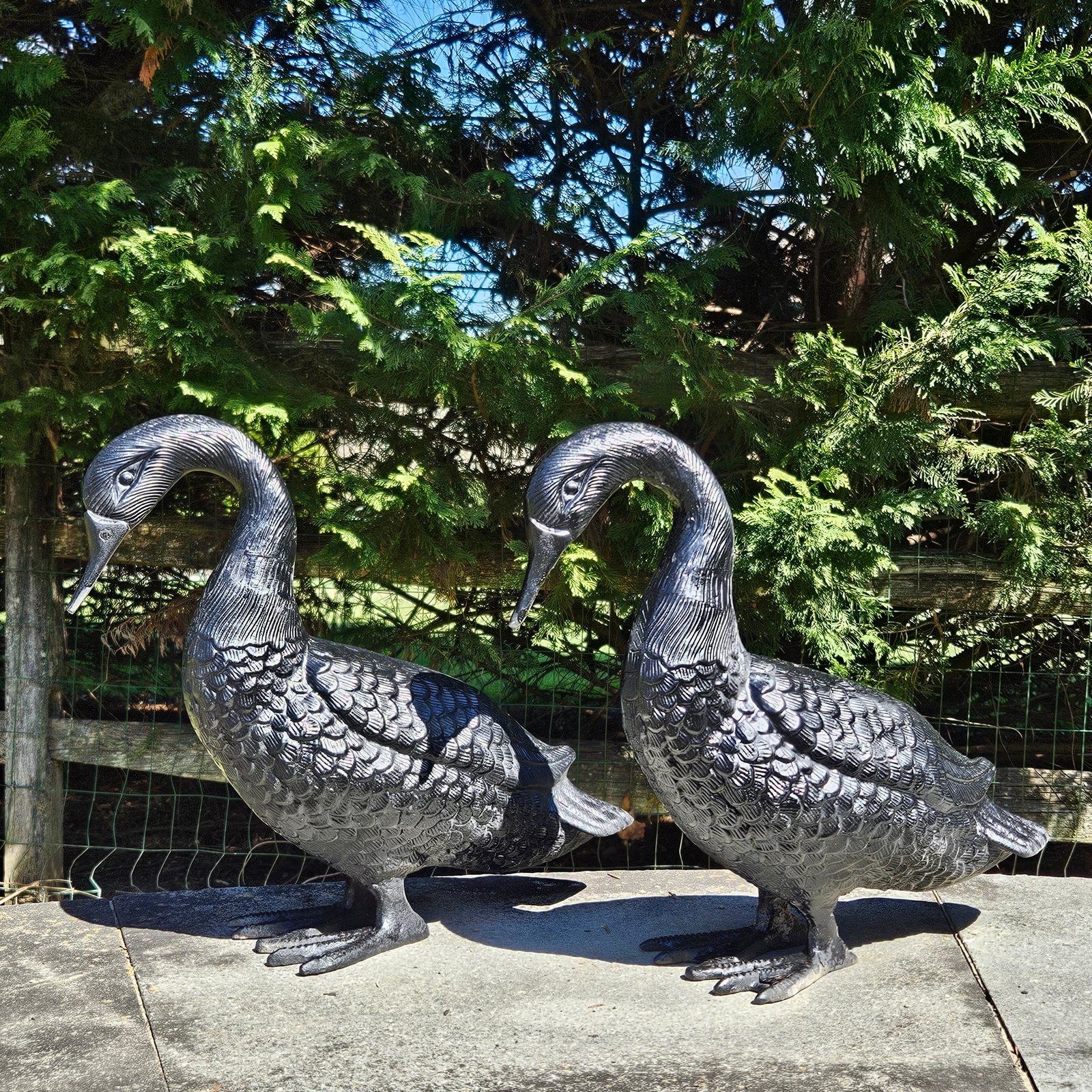Small Pair of Cast Aluminum Garden Geese: A small pair of cast aluminum geese garden sculptures. 12-1/2in tall x 14-1/2in wide. | Philadelphia Metro area delivery, NYC curbside delivery, and international third-party shipper information are a