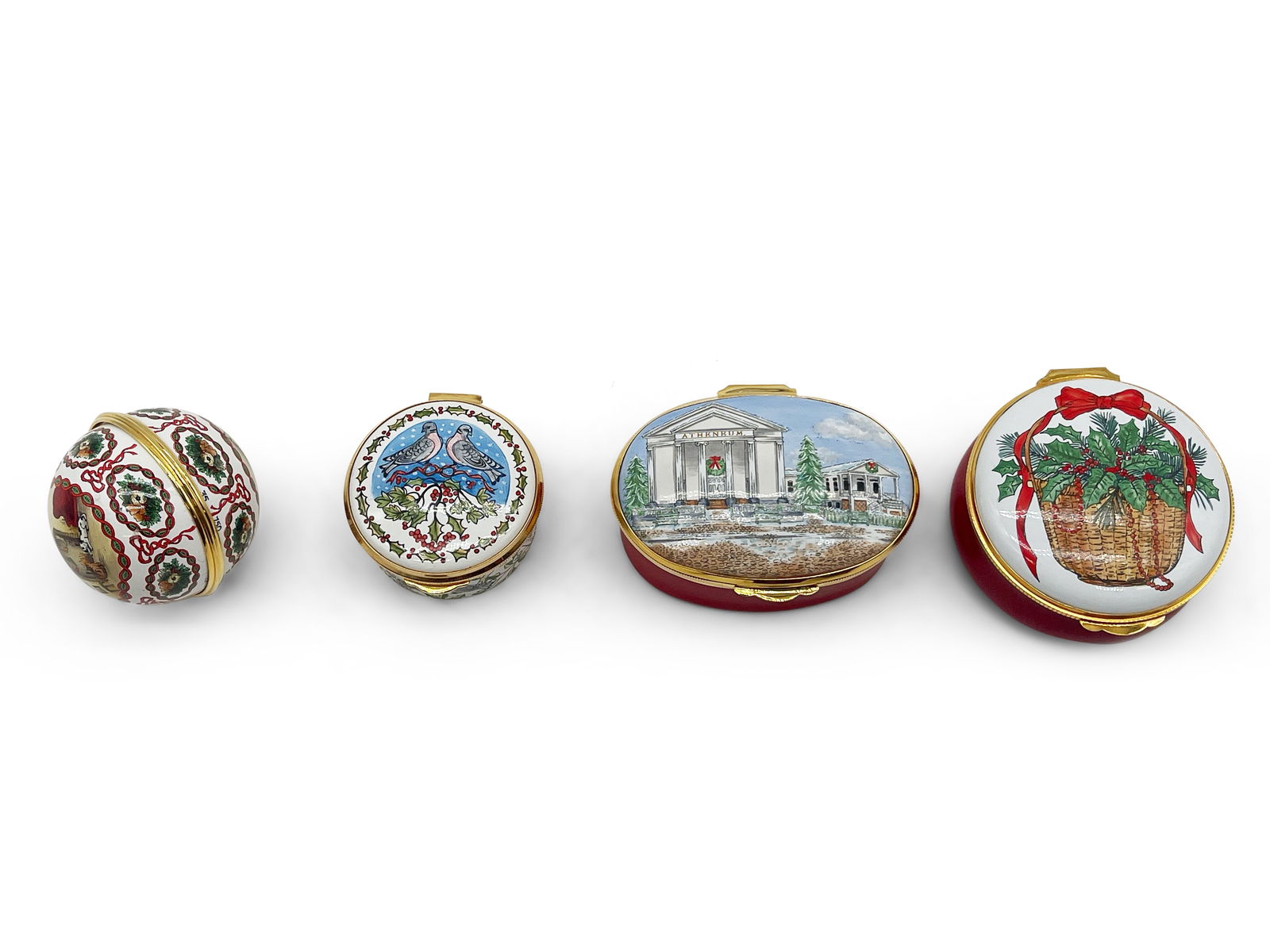 Four Halcyon Days Christmas Boxes: Four Halcyon Days enameled boxes with Christmas theme. Largest: 1-1/2in tall x 2-1/2in wide. | Philadelphia Metro area delivery, NYC curbside delivery, and international third-party shipper informatio