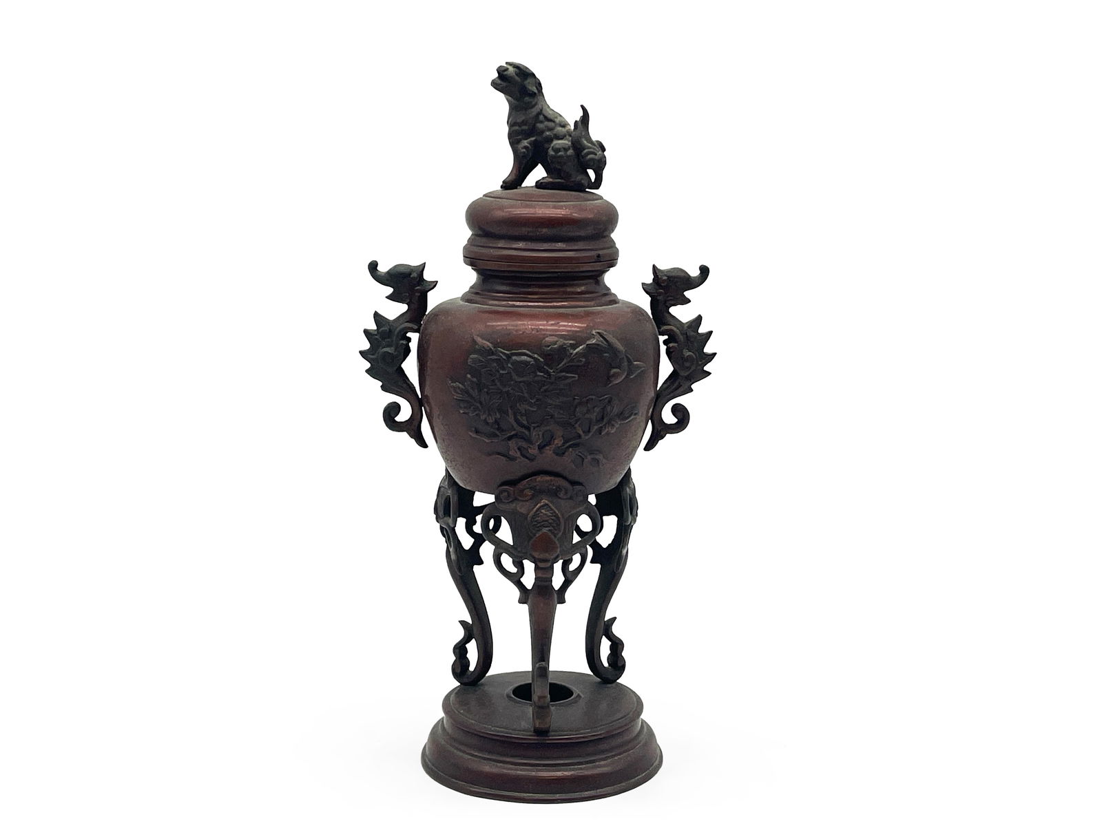 Japanese Bronze Covered Koro Censer: A Japanese bronze lidded censer with foo dog lid and two dragon-form handles. 13in tall x 6in wide. | Philadelphia Metro area delivery, NYC curbside delivery, and international third-party shipper inf