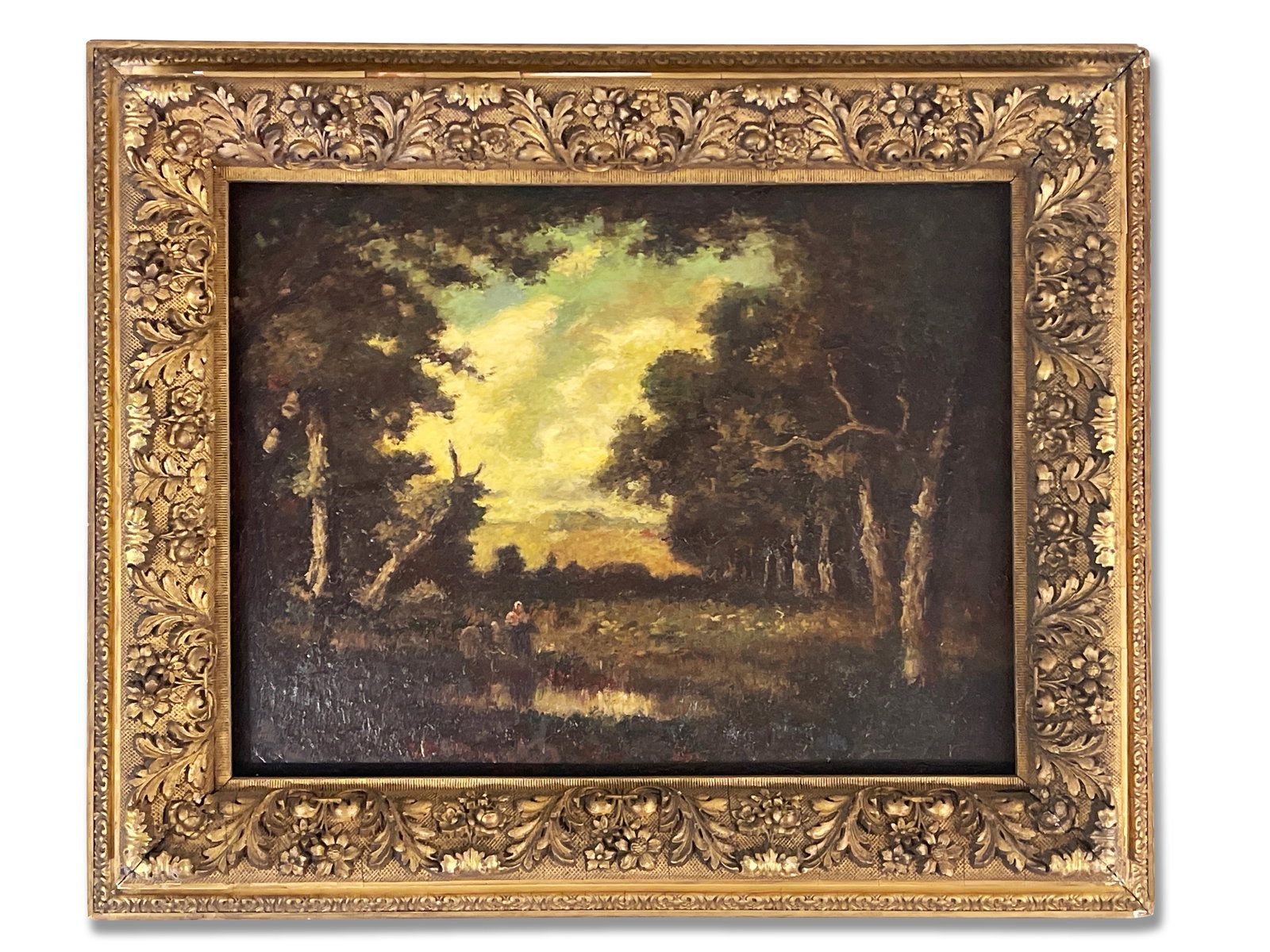 Virgile Diaz de la Pena. Oil/Board: Forest: Narcisse Virgile Diaz de la Pena (French, 1808-1876). An oil on board depicting the Fontainebleau Forest. Board: 17-1/2in x 23-1/2in. Frame: 25in x 30-1/2in. | Philadelphia Metro area delivery, NYC cu