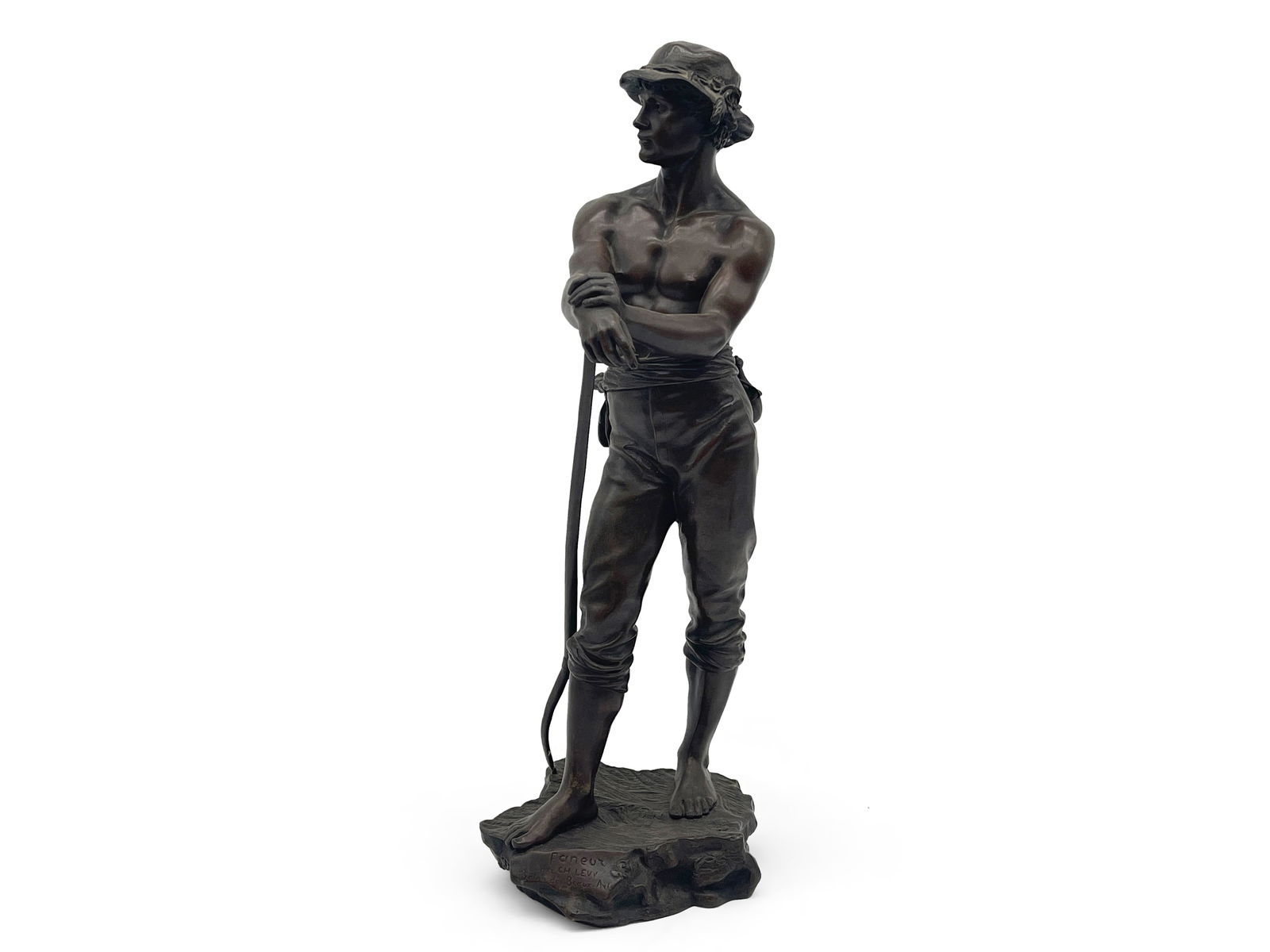 Charles Levy. Bronze: Faneur: Charles Levy (French, 1840-1899). A bronze sculpture of a young farmer titled "Faneur". Signed "Ch. Levy" on base, with foundry marks of Salon des Beaux Arts. 17in tall x 5-1/2in wide. | Philadelphia