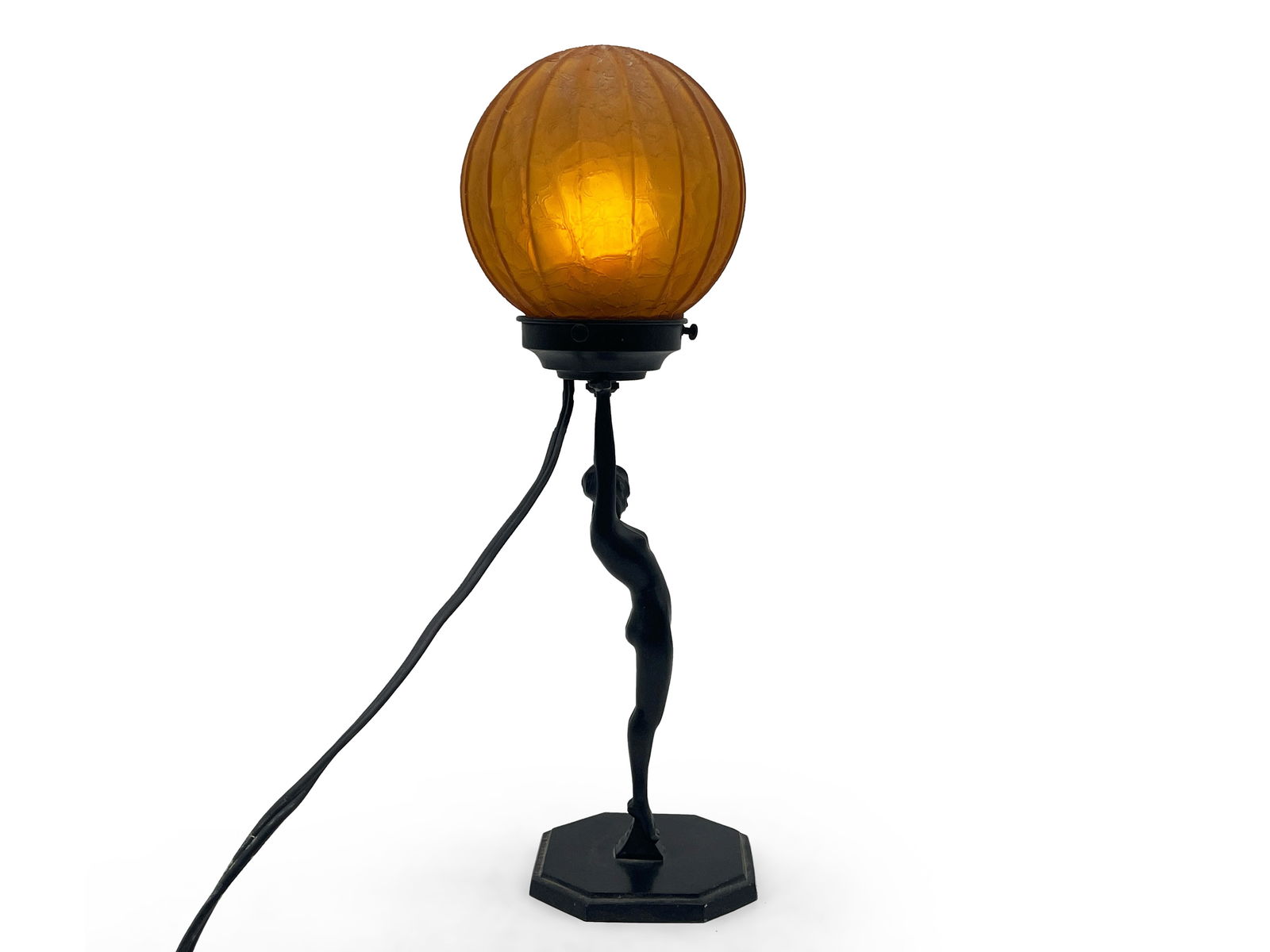 Art Deco Frankart Figural Lamp: An Art Deco Frankart figural nude lamp with amber glass shade. Stamped "Frankart '27" with serial number 7720. 18in tall x 4-1/2in wide. | Philadelphia Metro area delivery, NYC curbside delivery, and
