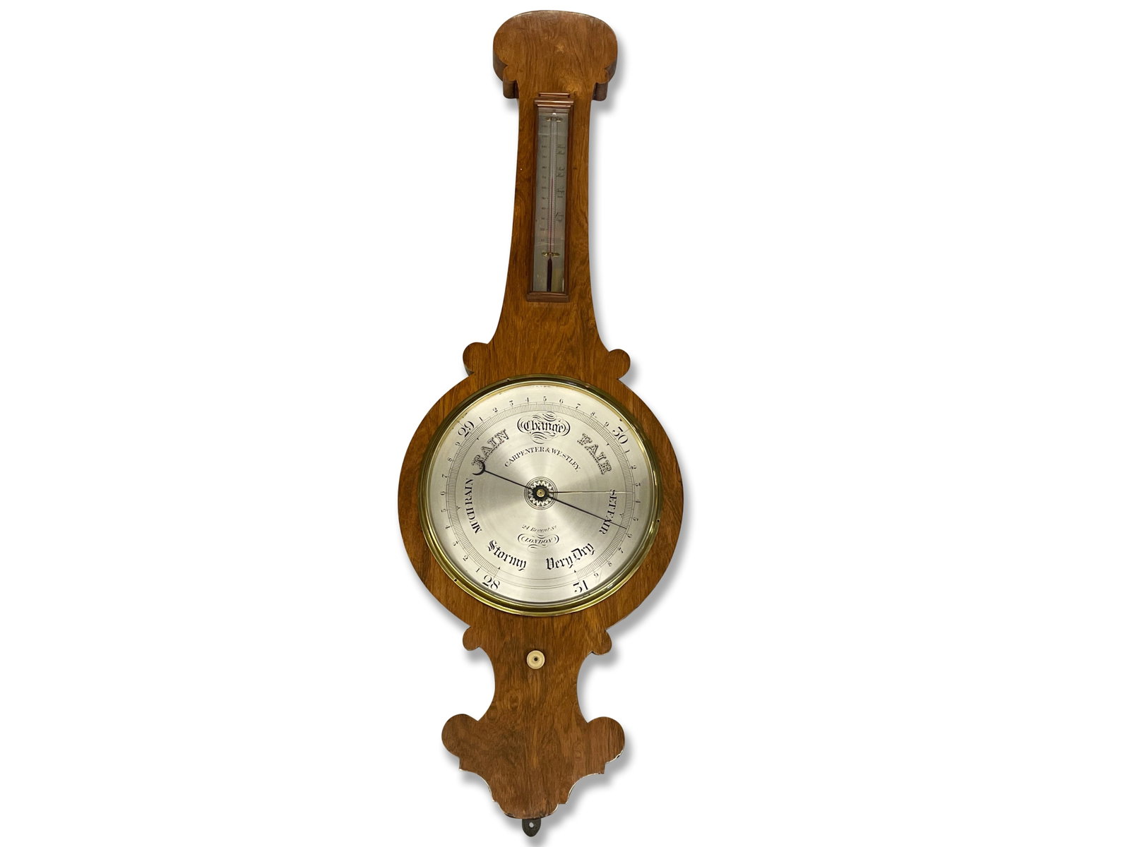 Oak Carpenter & Westley Barometer: An oak Carpenter & Westley banjo barometer with thermometer. 44in tall x 14-1/2in wide. | Philadelphia Metro area delivery, NYC curbside delivery, and international third-party shipper information are