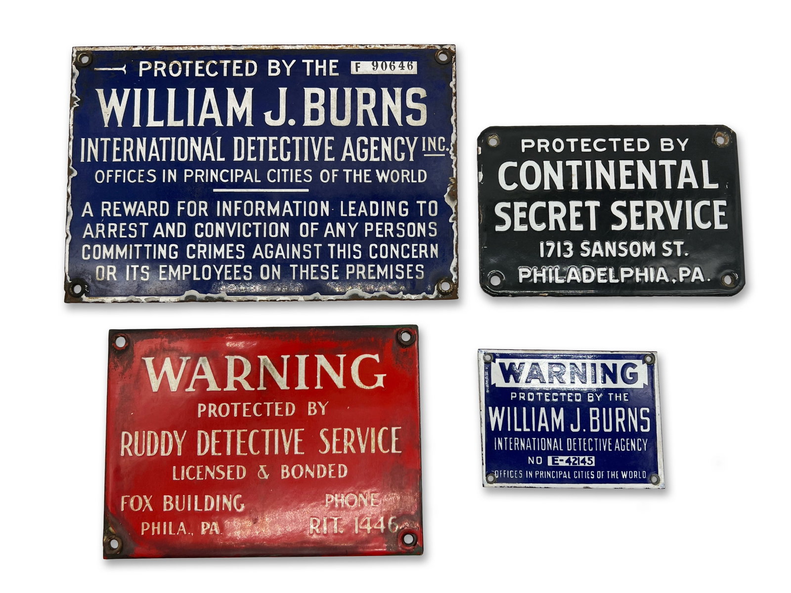 Four Detective Agency Porcelain Signs: A grouping of four detective agency porcelain signs to include William J. Burns, Ruddy Detective Service, and Continental Secret Service. Largest: 6in x 9in. | Philadelphia Metro area delivery, NYC cu