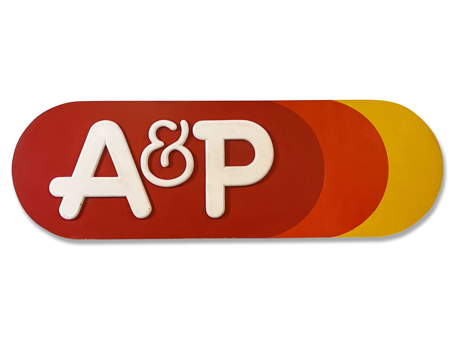 A&P Grocery Store Sign: An A&P grocery store relief advertising sign in red, orange, white, and yellow. 24in x 73in. | Philadelphia Metro area delivery, NYC curbside delivery, and international third-party shipper informatio