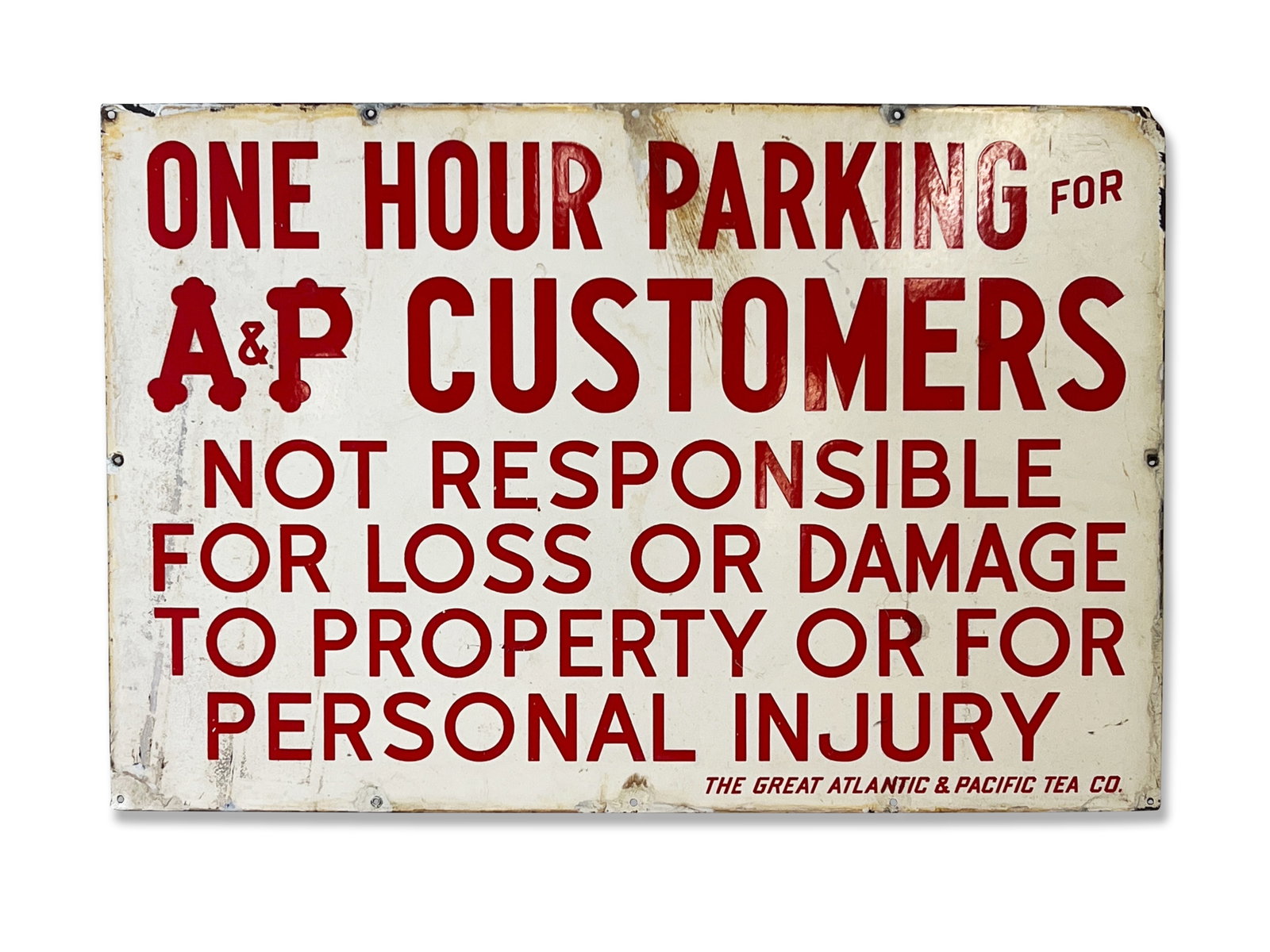 A&P One Hour Parking Porcelain Sign: An A&P One Hour Parking porcelain enameled sign. 24in x 36in. | Philadelphia Metro area delivery, NYC curbside delivery, and international third-party shipper information are all available on our webs
