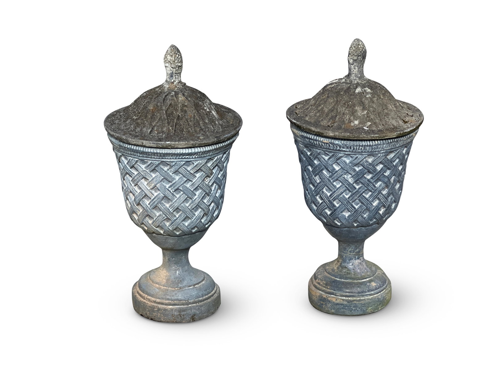 Pair of Cast Stone Lattice Garden Urns with Covers: A pair of cast stone lattice garden planter urns with covers. 29-1/2in tall x 13-1/2in wide. | Philadelphia Metro area delivery, NYC curbside delivery, and international third-party shipper informatio