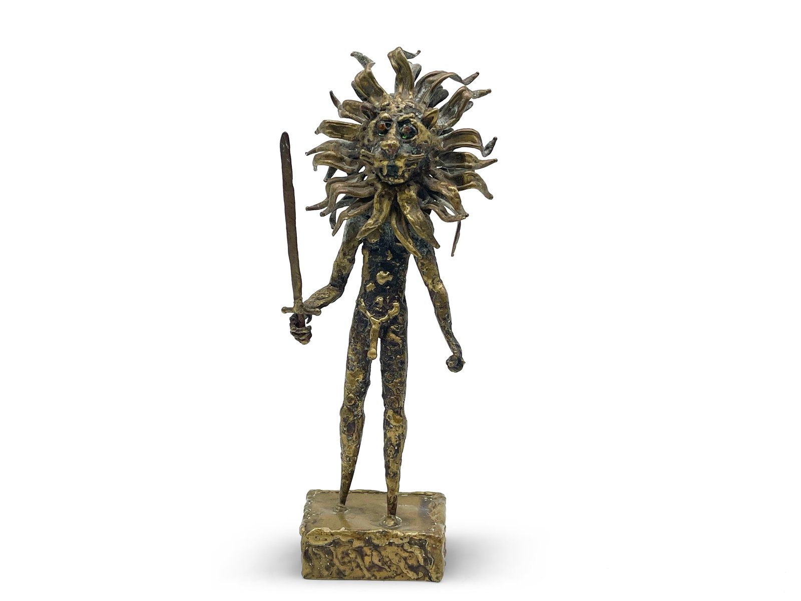 Pal Kepenyes. Brass Brutalist Sculpture: Lion: Pal Kepenyes (1921-2021). A brutalist brass lion sculpture of human form with lion head, holding a sword. Signed on base. 9-1/2in tall x 3in wide. | Philadelphia Metro area delivery, NYC curbside deli