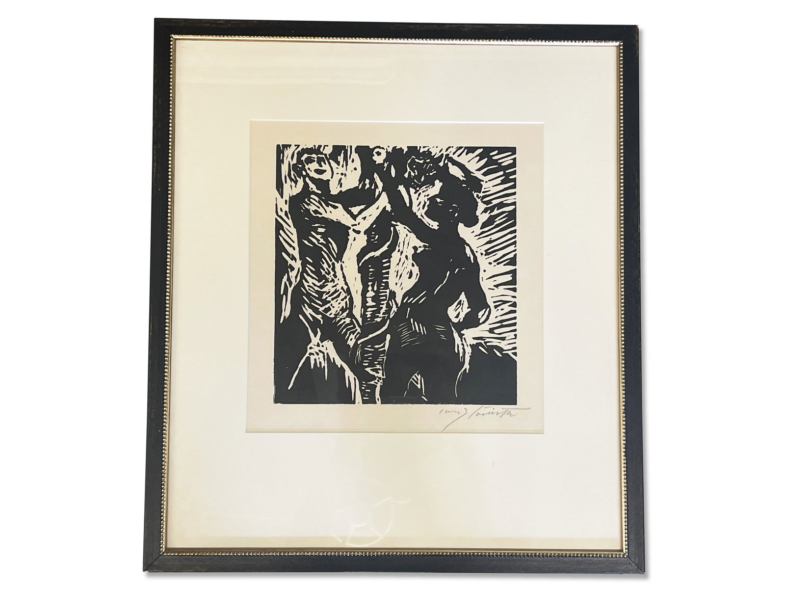 Lovis Corinth. Woodblock Print: Figures: Louis Corinth (1858-1925). A woodblock print depicting two figures. Pencil signed lower right. Mat opening: 11-1/2in x 11in. Frame: 20-1/2in x 18-1/2in. | Philadelphia Metro area delivery, NYC curbsid