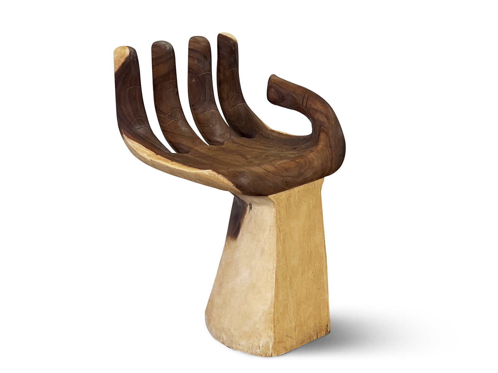 Carved Wood Friedeberg-style Hand Chair: A smaller-sized carved wood hand-form lounge chair in the manner of Pedro Friedeberg. 26-1/2in tall x 16in wide x 17in deep. | Philadelphia Metro area delivery, NYC curbside delivery, and internationa