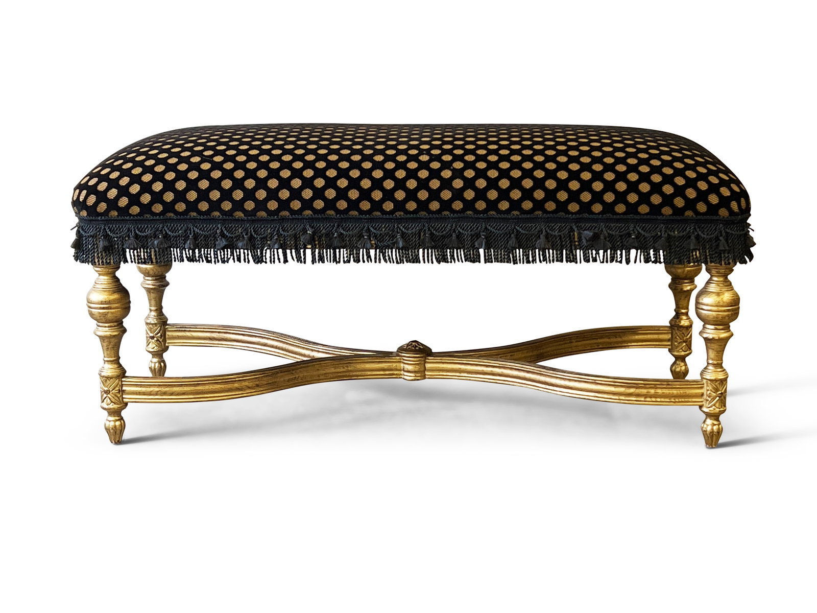 Louis XVI-style Giltwood Bench: A Louis XVI-style giltwood bench with turned legs, X stretcher, and tassel upholstery. 20in tall x 48in wide x 21in deep. | Philadelphia Metro area delivery, NYC curbside delivery, and international t
