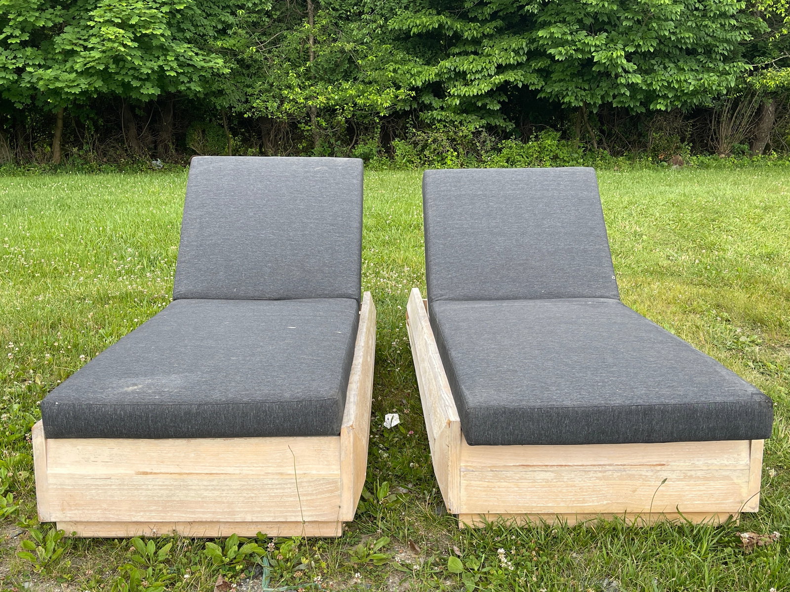 Pr. Mario Ruiz Restoration Hardware-style Chaises: A pair of Mario Ruiz for Restoration Hardware-style teak sun lounges with waterproof upholstery. 14in tall x 80 long x 28in wide. | Philadelphia Metro area delivery, NYC curbside delivery, and interna