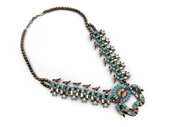 Zuni Silver & Mixed Stone Squash Blossom Necklace