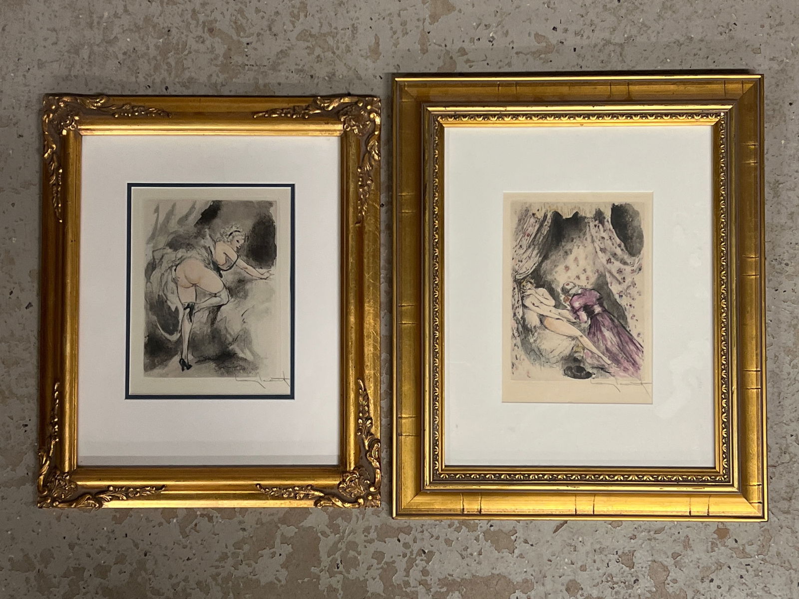Two Louis Icart Signed Erotic Etchings: Louis Icart (French, 1888-1950). Two color erotic etchings, both signed lower right and gilt framed under glass. Larger mat opening: 8-1/2in x 6-1/2in. Larger frame: 18in x 15in. | Philadelphia Metro