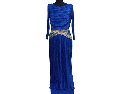 Mary McFadden Couture Plisse Silk Gown: A Mary McFadden Couture cobalt blue plisse silk gown in the Egyptian Revival-style with beaded decoration. Size 12. | Philadelphia Metro area delivery, NYC curbside delivery, and international third-p