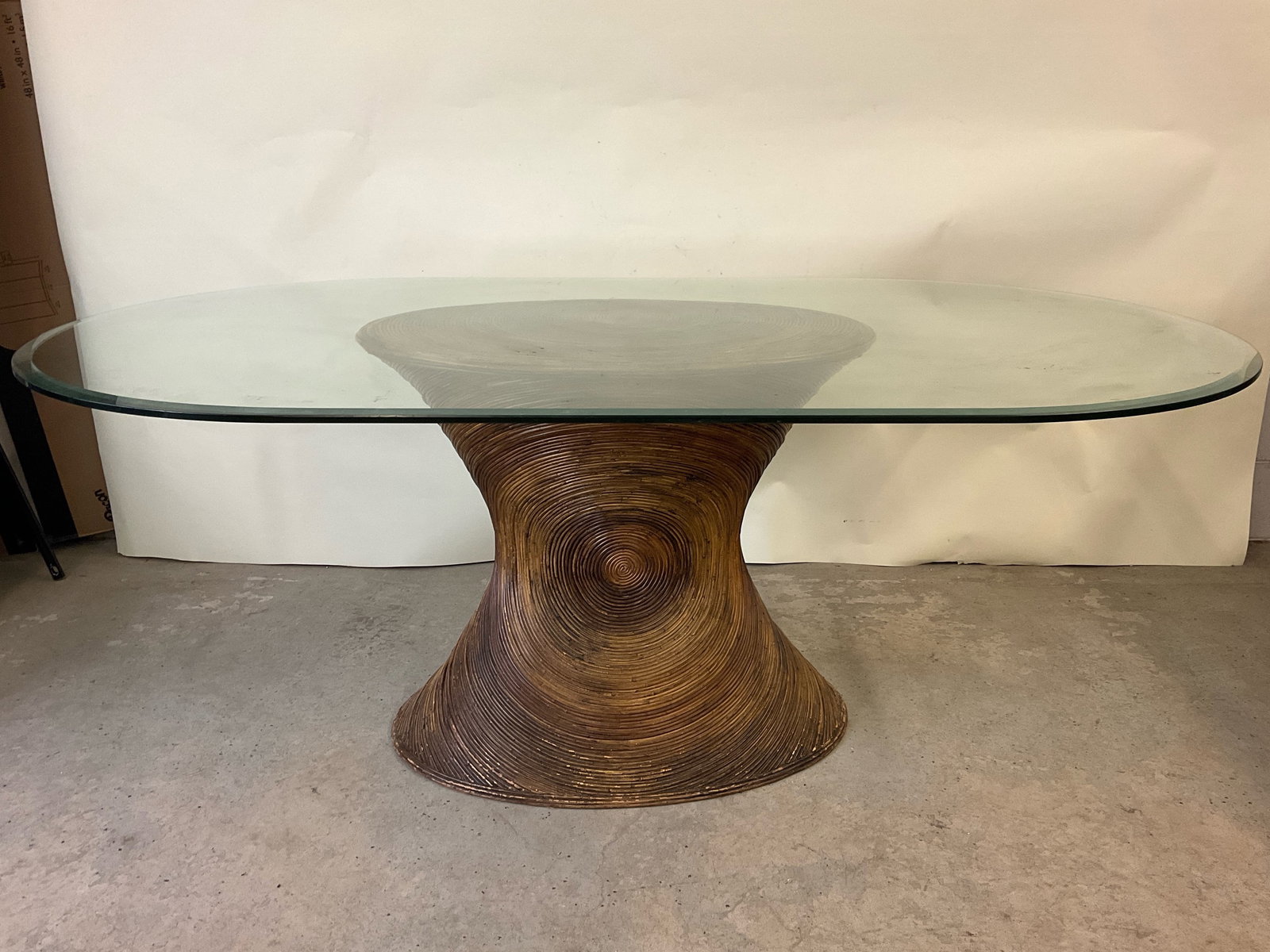 Coastal Pencil Reed Dining Table: A pencil reed construction dining table with glass top. 27-1/2in tall x 72in wide x 42in deep. | Philadelphia Metro area delivery, NYC curbside delivery, and international third-party shipper informat