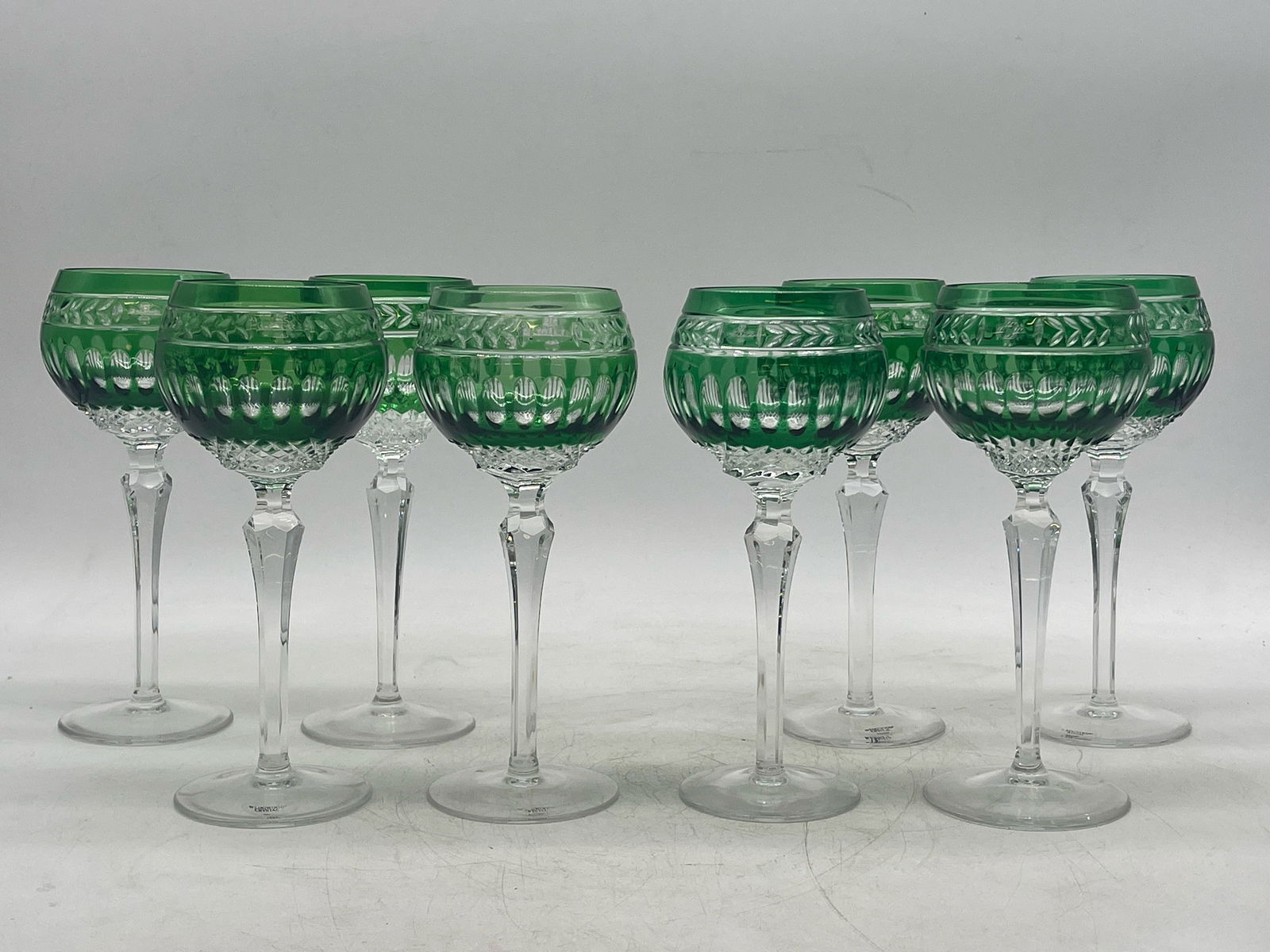 Eight Wedgwood Crystal Crown Emerald Glasses: Eight Wedgwood cut crystal Crown Emerald wine glasses. 8-1/2in tall x 3in wide. | Philadelphia Metro area delivery, NYC curbside delivery, and international third-party shipper information are all ava