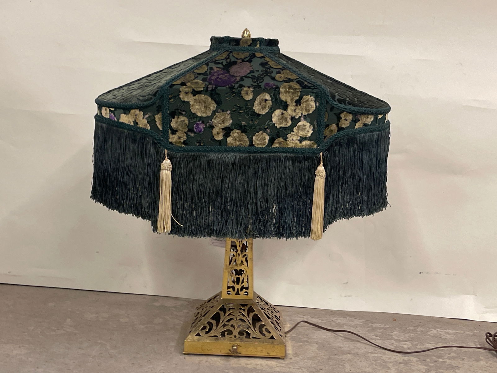 Pierced Brass Lamp and Floral Velvet Shade (1 of 4)
