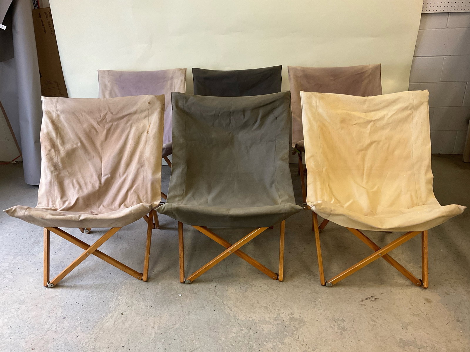 Six Goldmetal Butterfly Chairs: A set of six collapsible Goldmetal butterfly chairs with wooden frames and canvas covers. 32-1/2in tall x 25in wide x 21in deep. | Philadelphia Metro area delivery, NYC curbside delivery, and internat