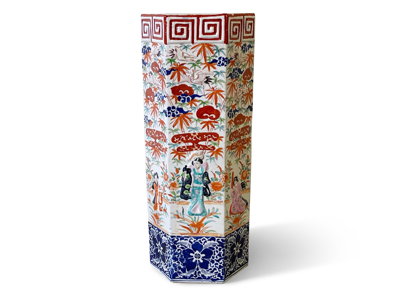 Chinese Porcelain Hexagonal Umbrella Stand: A Chinese porcelain umbrella stand with floral decoration and scroll design. 24in tall x 9-1/2in wide. | Philadelphia Metro area delivery, NYC curbside delivery, and international third-party shipper 