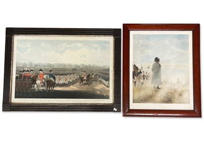 19th C. Military Engraving and Print: Grouping to include a Joseph Collyer engraving drawn by Edward Dayes depicting "His Majesty Reviewing the Armed Associations", in a gilt wood frame; and a print titled "Devant Moscow" by W. Werestchag