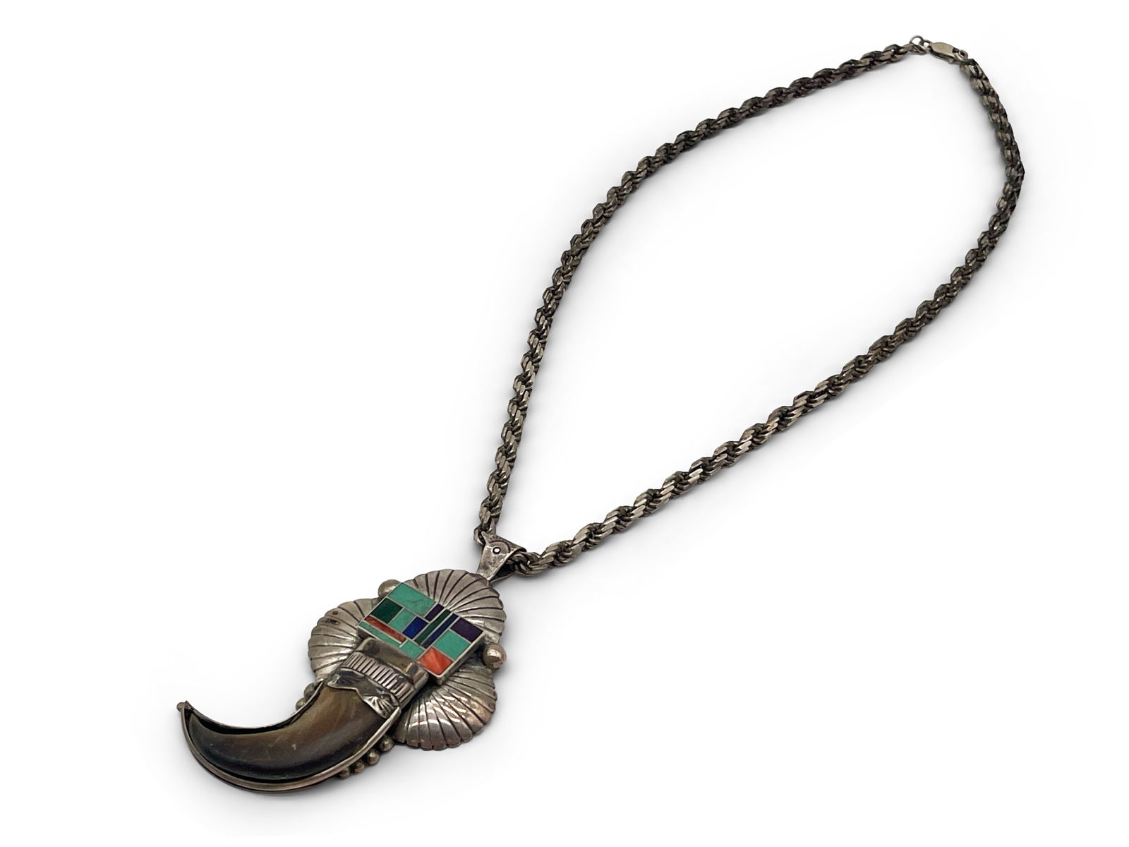 Navajo Silver Bear Claw Stone Necklace (1 of 4)