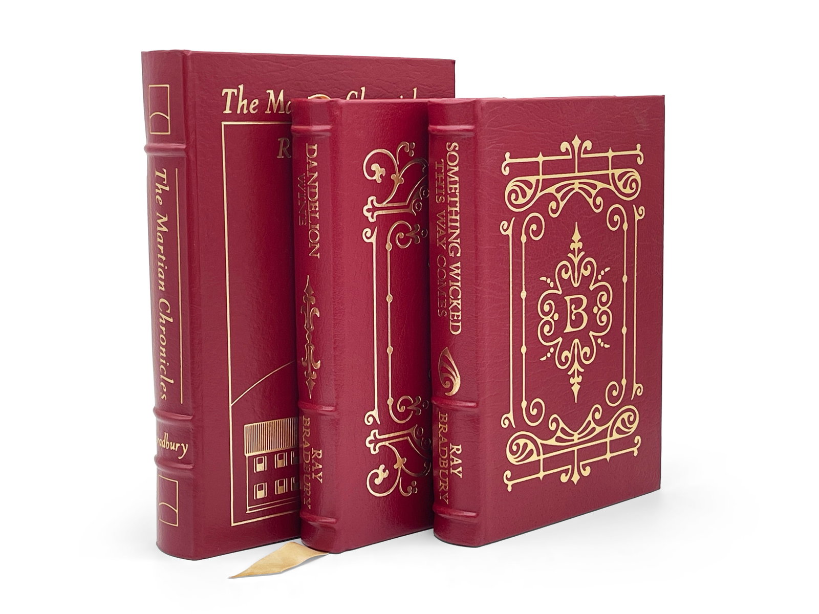 Three Easton Press Ray Bradbury Books: Three Ray Bradbury Easton Press leather-bound books to include "Something Wicked Comes this Way", "Dandelion Wine", and "The Martian Chronicles" (signed on title page). Largest: 10-1/2in tall x 7-1/2i