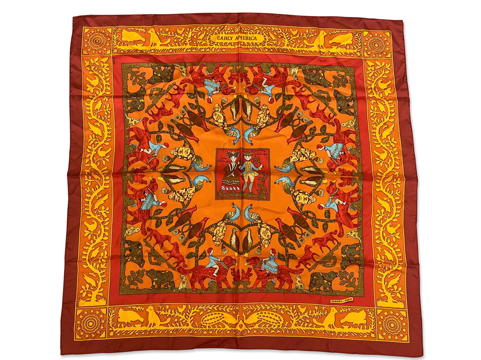 Hermès Paris Early America Silk Scarf: An Hermès Paris Early America motif silk scarf with "General Georg Washington" and "Lady Washington" figures in the center. Marked Hermès Paris lower right. 34-1/2in tall x 34-1/2in wide. | Philadel