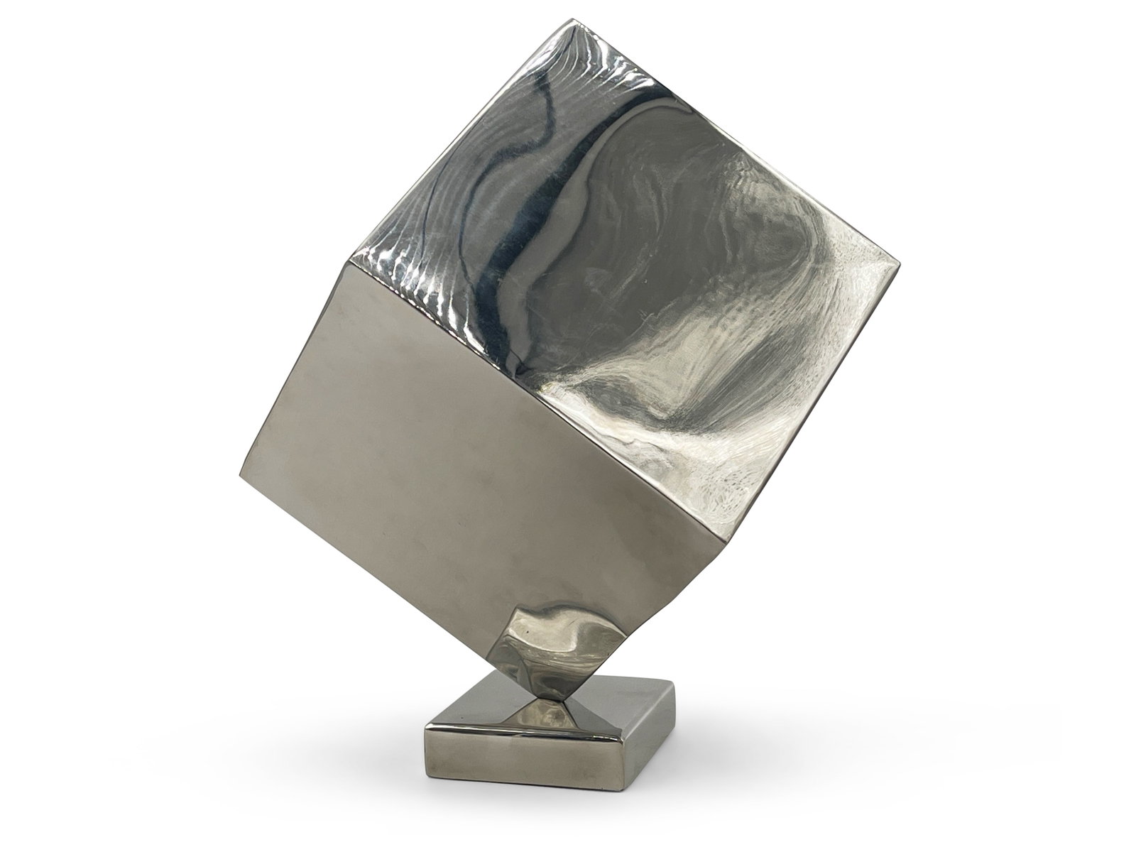 Polished Chrome Cube Sculpture: A polished modernist chrome cube sculpture. 15-1/2in tall x 11in wide. | Philadelphia Metro area delivery, NYC curbside delivery, and international third-party shipper information are all available on