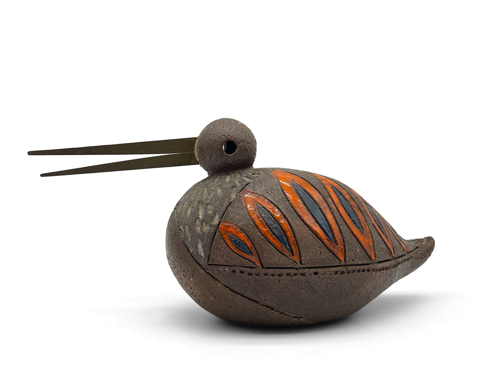 Aldo Londi for Bitossi Bird Sculpture: An Aldo Londi for Bitossi Italian pottery sculpture of a bird with a vibrant orange glaze and metal beak. Marked "Raymor" on underside. 7-1/2in tall x 15in wide. | Philadelphia Metro area delivery, NY