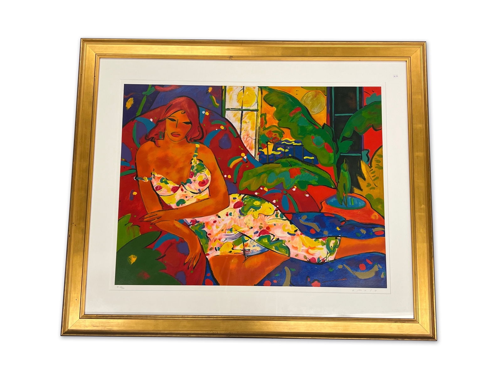 Manel Anoro. Serigraph: Dona: Manel Anoro (Spanish, 1945-). A large-format artist's proof serigraph depicting a woman on a chaise lounge, titled "Dona". Signed lower right and numbered AP 25/25. Gilt framed. Mat opening: 36-1/2in