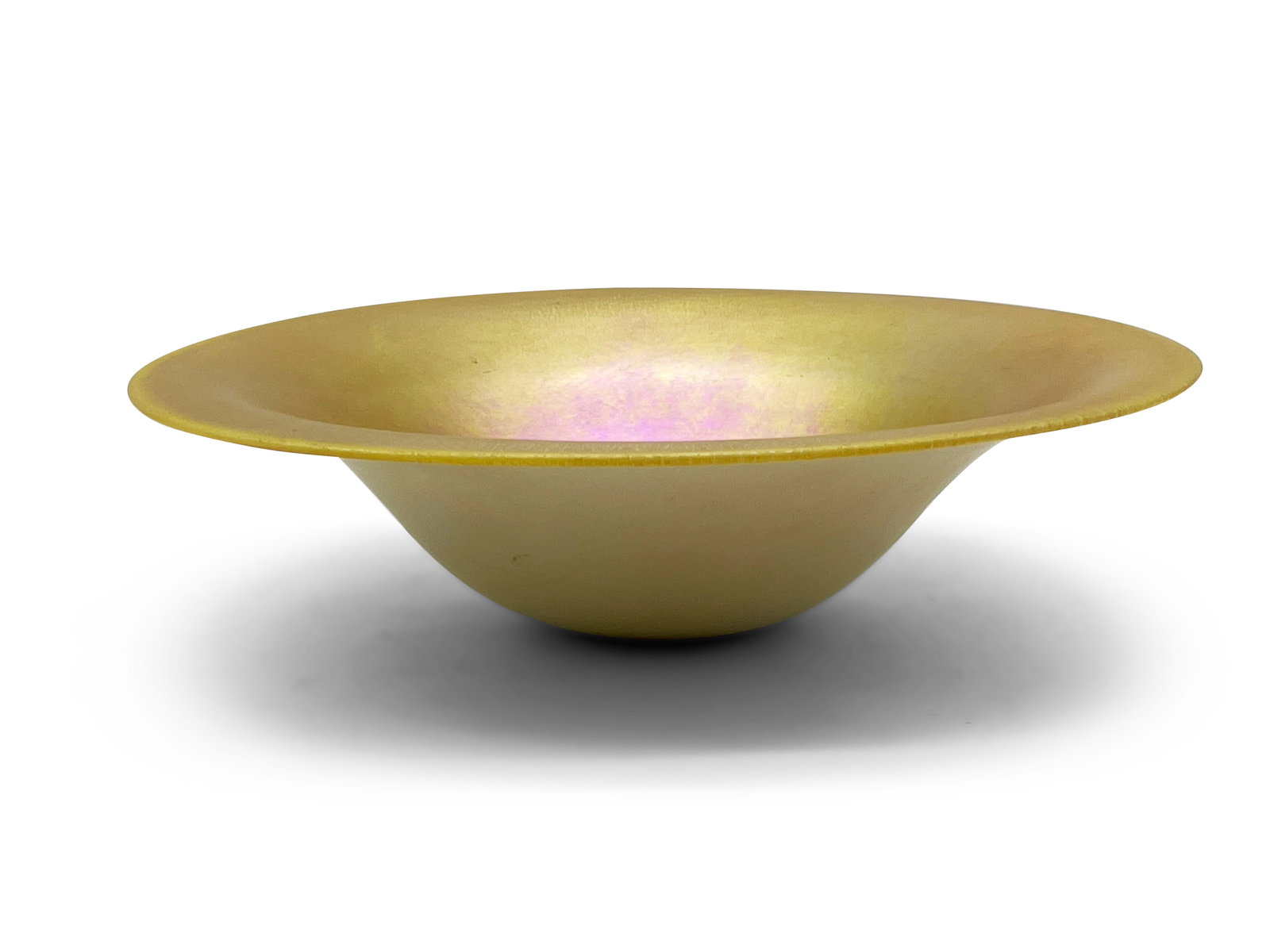 Attrib. Steuben Gold Aurene Glass Bowl: An attributed to Steuben gold aurene glass bowl with an iridescent interior. Unmarked. 3in tall x 12 in diameter. | Philadelphia Metro area delivery, NYC curbside delivery, and international third-par