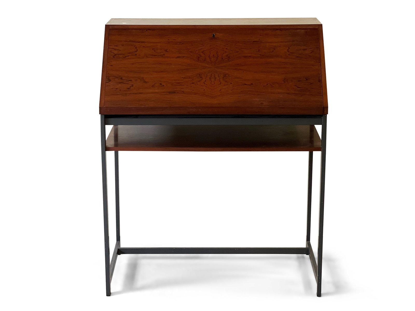 Midcentury Modern Rosewood Writing Desk: A midcentury modern rosewood slant-lid writing desk with fitted interior and metal frame. Unmarked. 38in tall x 31-1/2in wide x 19in deep. | Philadelphia Metro area delivery, NYC curbside delivery, an