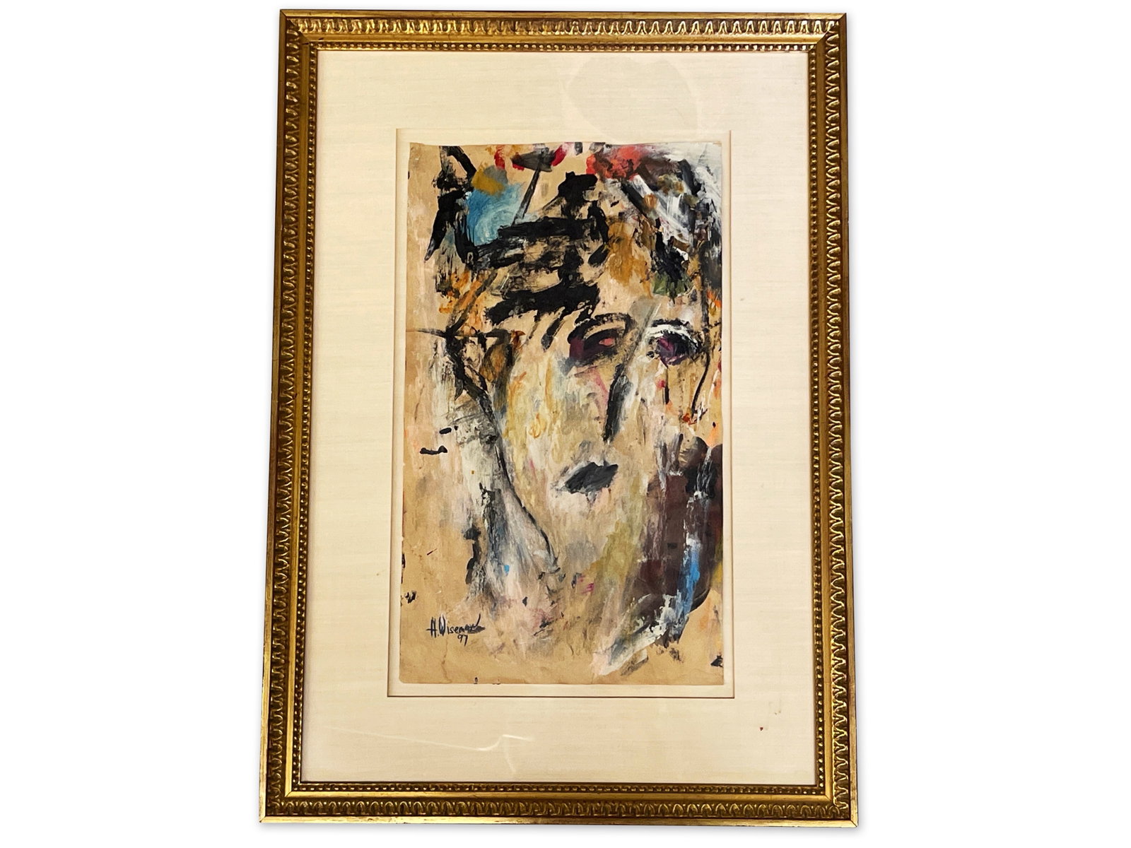 Harriet Wiseman. Oil/Paper: Abstract: Harriet Wiseman (American, 20th C.). An oil on paper of an abstract face. Signed lower left and dated '97. Mat opening: 18-1/2in x 10-1/2in. Frame: 26in x 18-1/2in. | Philadelphia Metro area delivery,