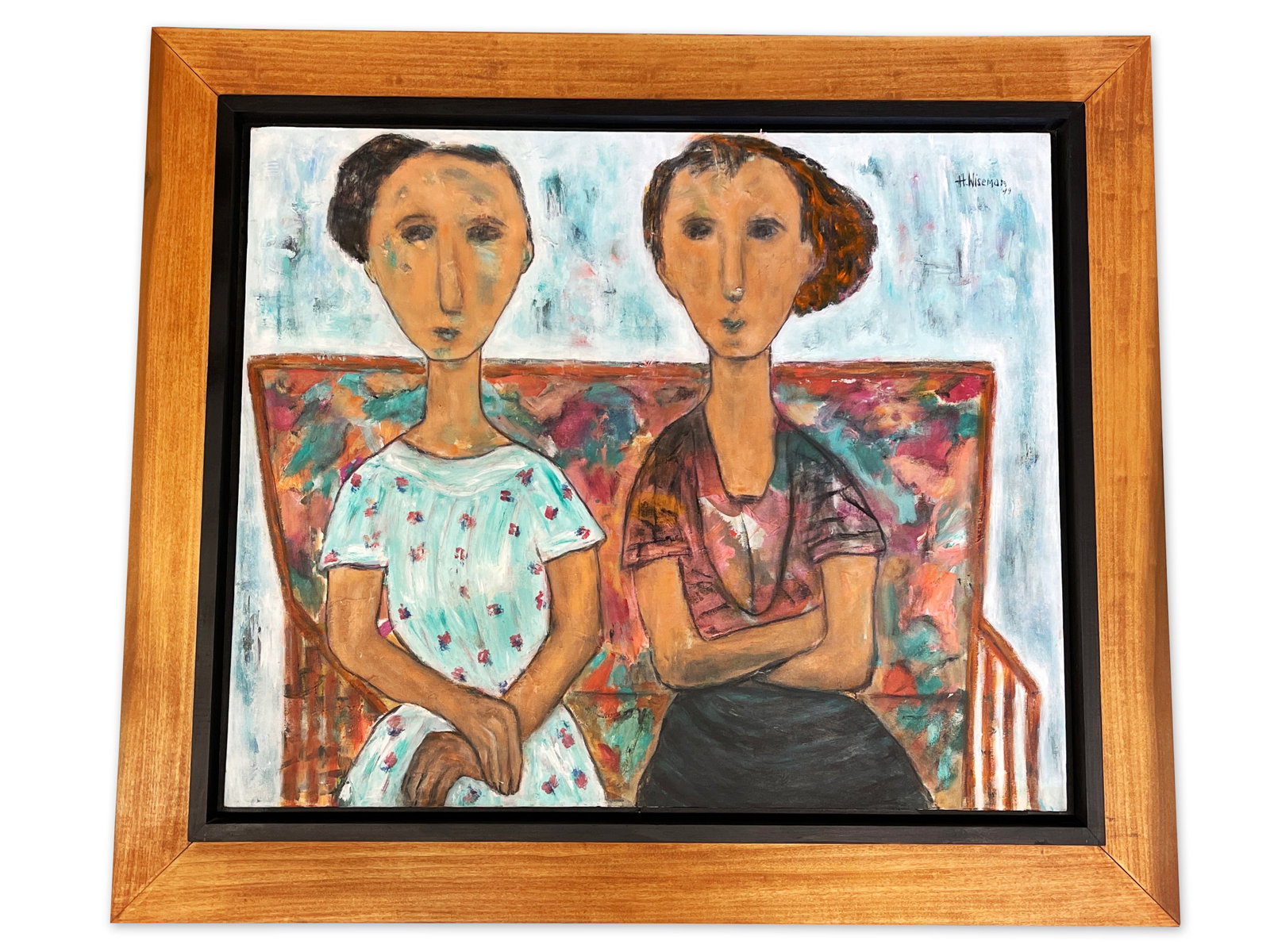 Harriet Wiseman. Oil/Canvas: Seated Friends: Harriet Wiseman (American, 20th C.). An oil on canvas of two seated women on a bench. Signed top right. Mat opening: 30in x 36in. Frame: 40in x 45-1/2in. | Philadelphia Metro area delivery, NYC curbsi