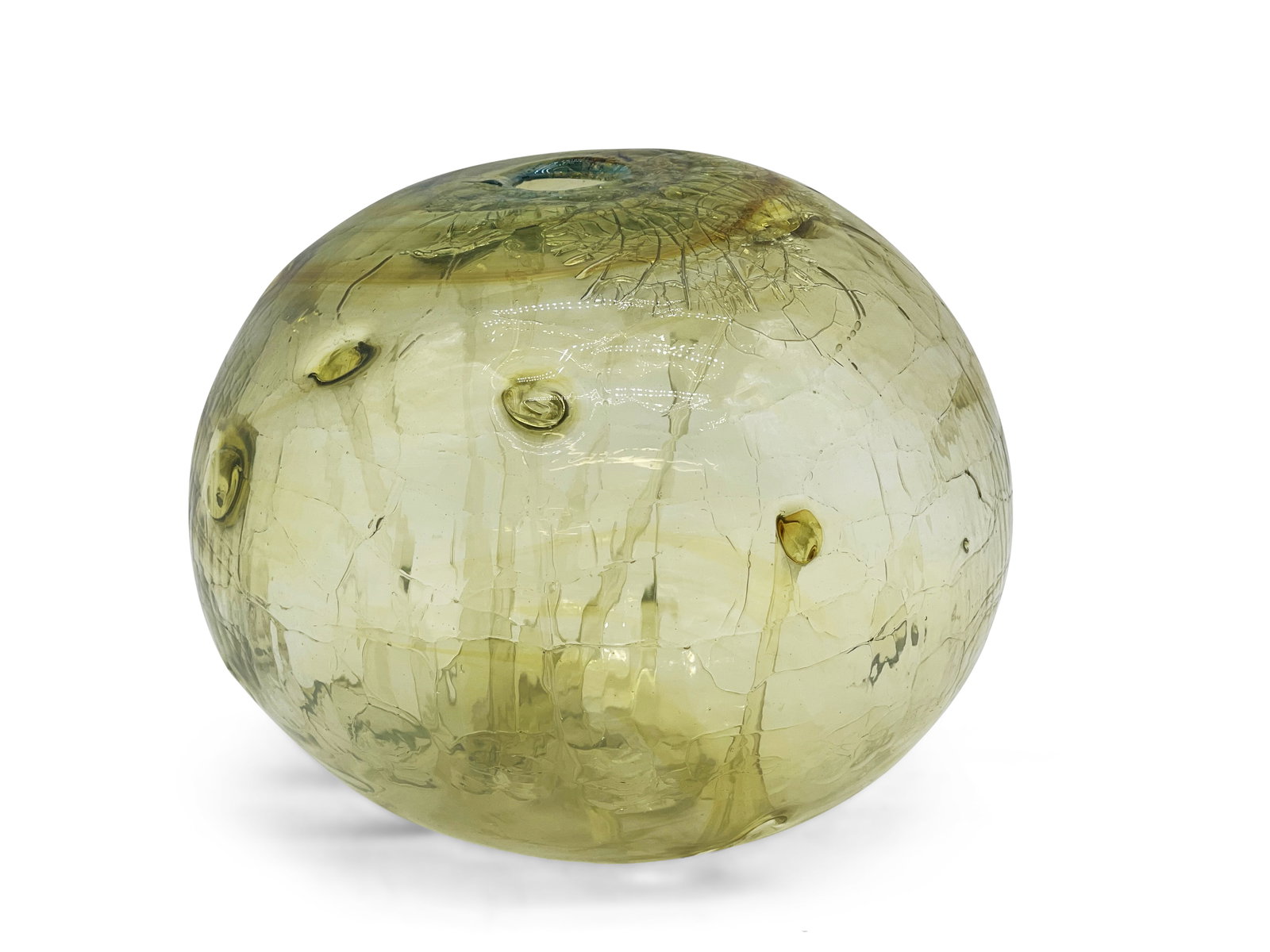 Peter Bramhall Blown Glass Orb: Peter Bramhall (American, b. 1942). A yellow blown glass orb with organic stem structure inside. Signed. 6-1/2in tall x 6-1/2in wide. | Philadelphia Metro area delivery, NYC curbside delivery, and int