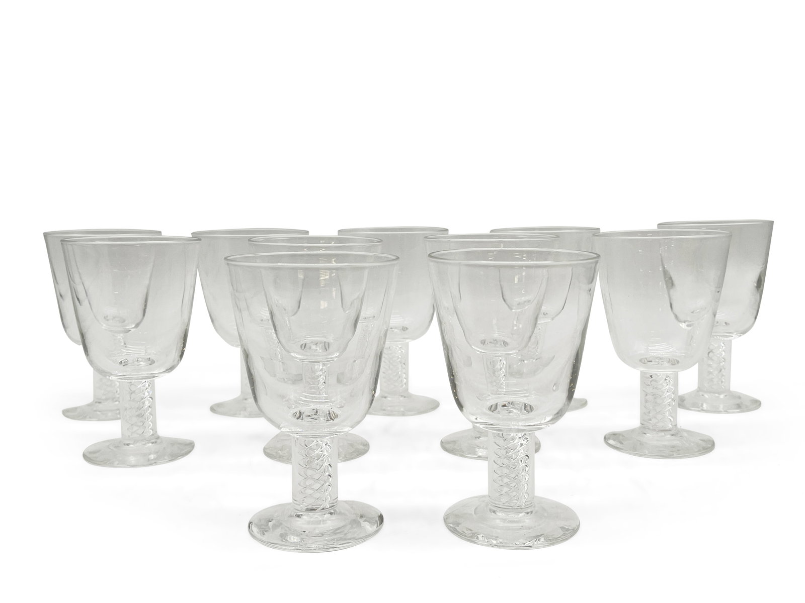 11 Steuben Air Twist Crystal Glasses: 11 Steuben Air Twist Crystal red wine glasses with helix form interior detail. Includes original box with a Steuben dust cloth for each glass. Glass: 5in tall x 3in wide. | Philadelphia Metro area del