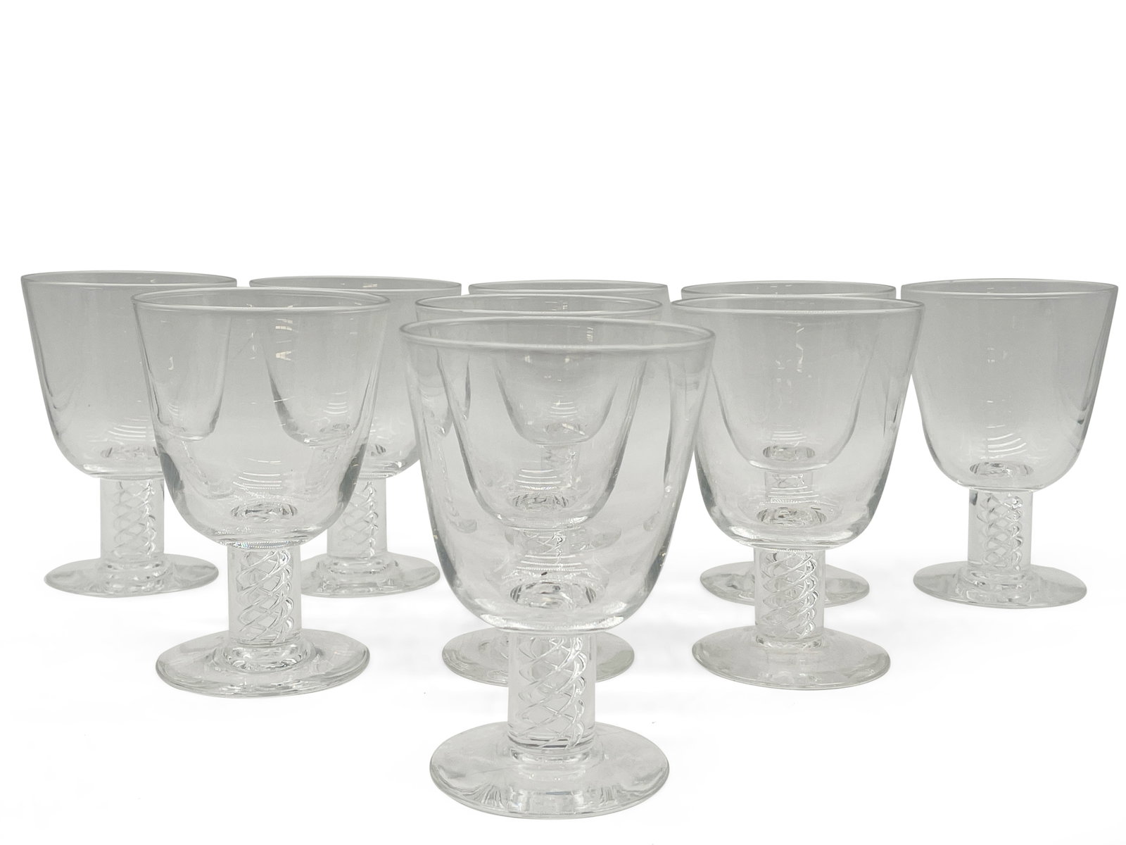 Nine Steuben Air Twist Wine Glasses: Nine Steuben Air Twist wine glasses with helix detail at center of stems. Signed. Each includes original dust cloth. 6in tall x 4in wide. | Philadelphia Metro area delivery, NYC curbside delivery, and
