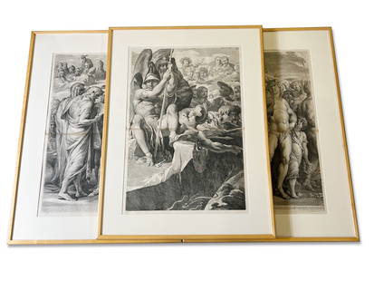Three James Barry Divine Justice Etchings: A series of three James Barry 19th C. etchings and engravings from "The Divine Justice" series. Mat openings: 30-1/4in x 19-1/2in. Outside frames: 39-1/4in x 28-1/2in. Provenance: From the Saint Charl