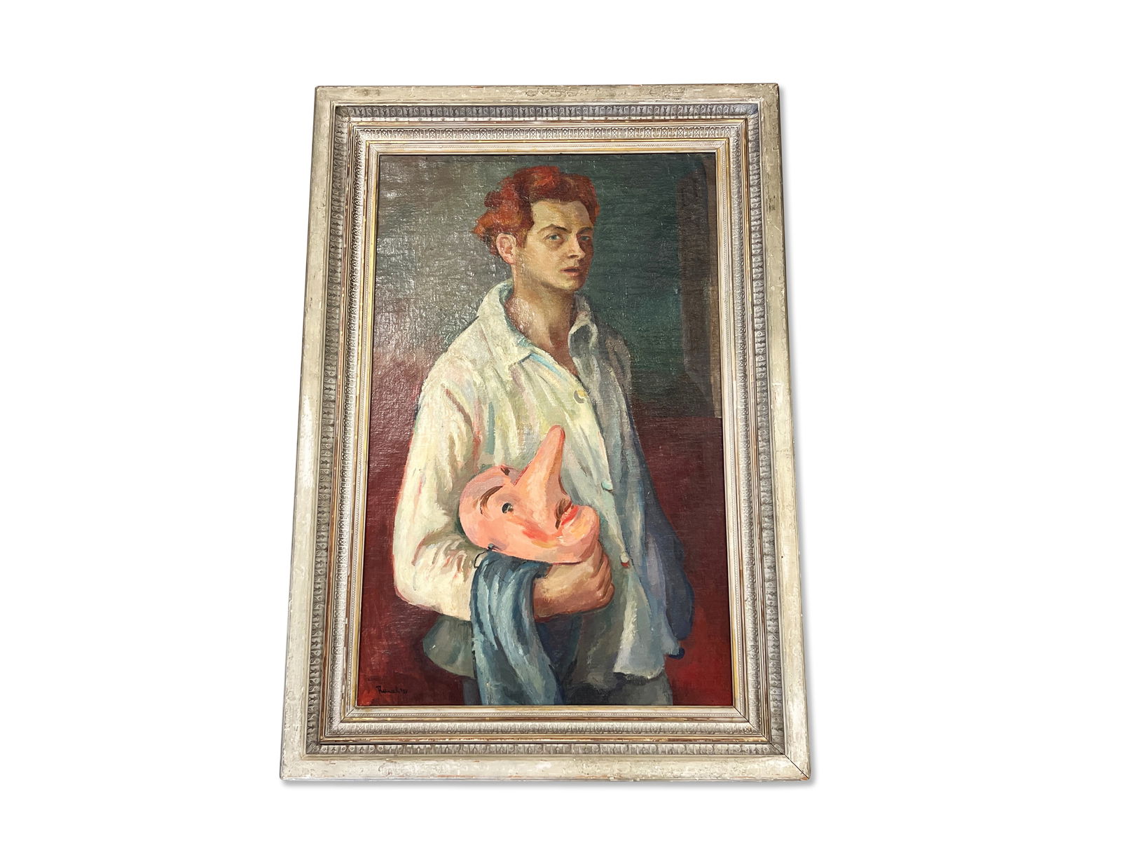 Walter Reinsel. Oil/Canvas: Self Portrait with Mask: Walter Reinsel (American, 1905-1979). An oil on canvas titled "Self Portrait with Mask". Signed lower left and with artist tag on back stretcher. Canvas: 39in x 25in. Outside frame: 47 x 33in. | Phila
