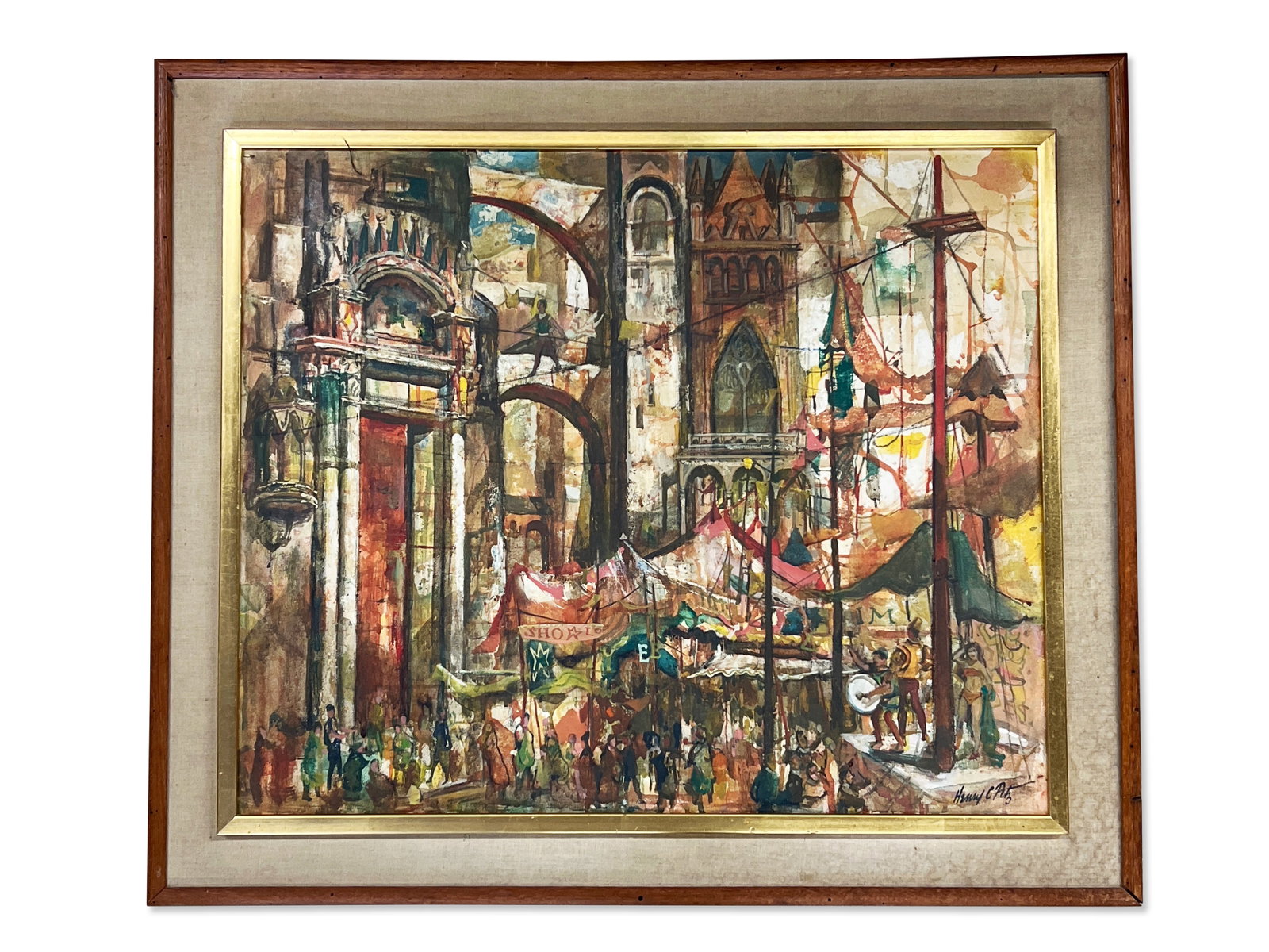 Henry Clarence Pitz. Oil/Canvas. Market: Henry Clarence Pitz (American, 1895-1976). An oil on canvas depicting a market scene. Signed lower right. Canvas: 25in x 30in. Outside frame: 32in x 37in. | Philadelphia Metro area delivery, NYC curbs