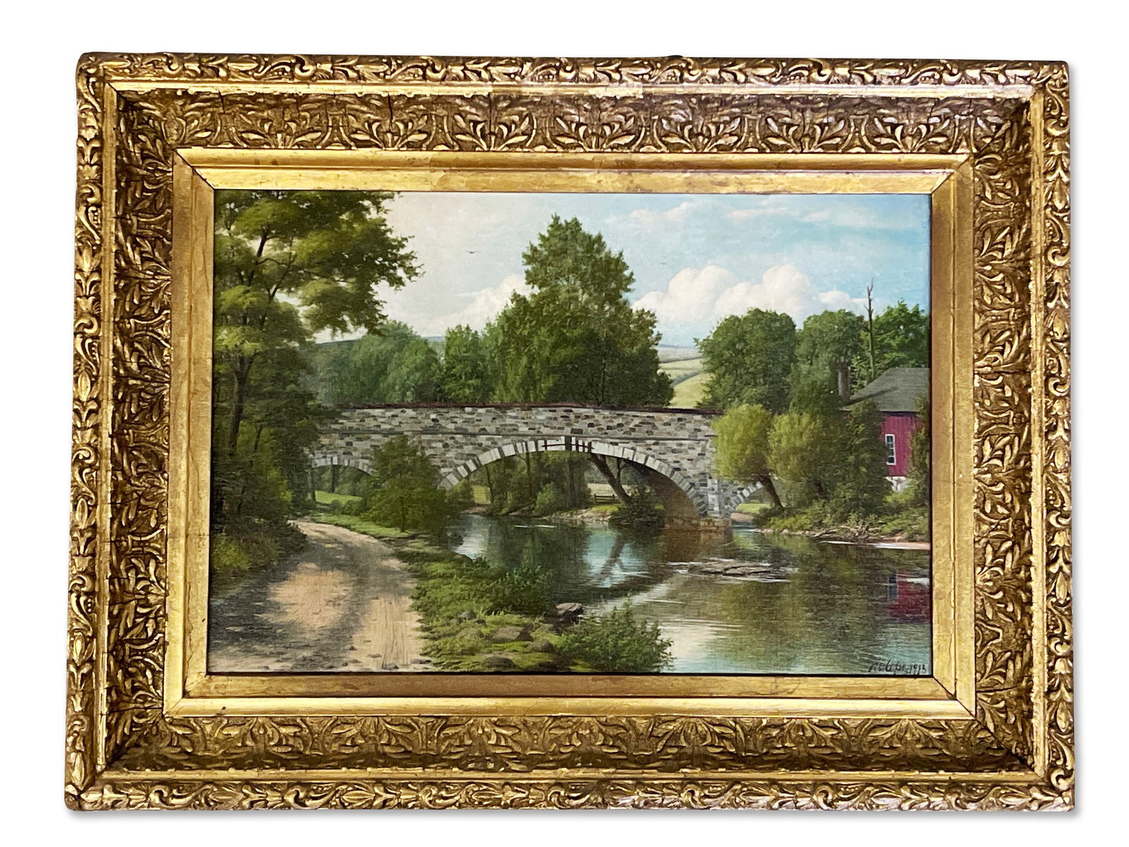 George Cope. Oil/Canvas: Bridge: George Cope (American, 1855-1929). A gilt wood framed oil on canvas landscape with idyllic bridge. Signed and dated lower right. Board: 14in x 20in. Frame: 21in x 27in. | Philadelphia Metro area deliv