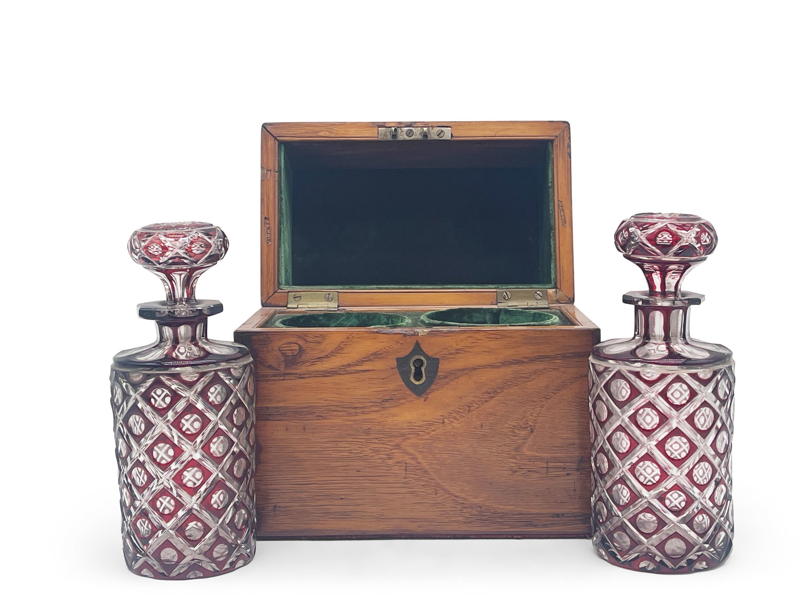 19th C. Tantalus Box and Two Cranberry Decanters (1 of 8)