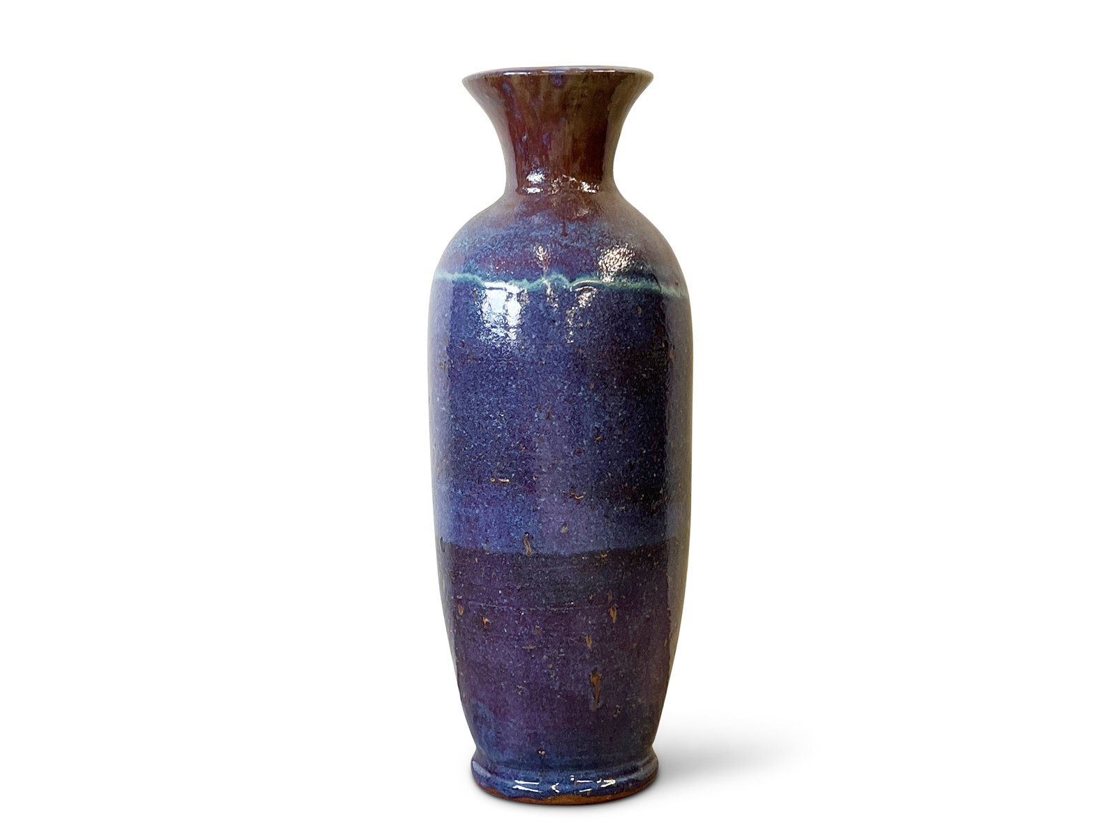 Large Blue and Purple Flambe Floor Vase: A large blue and purple flambe-glazed pottery floor vase. 31in tall x approx. 12in diameter. | Philadelphia Metro area delivery, NYC curbside delivery, and international third-party shipper informatio