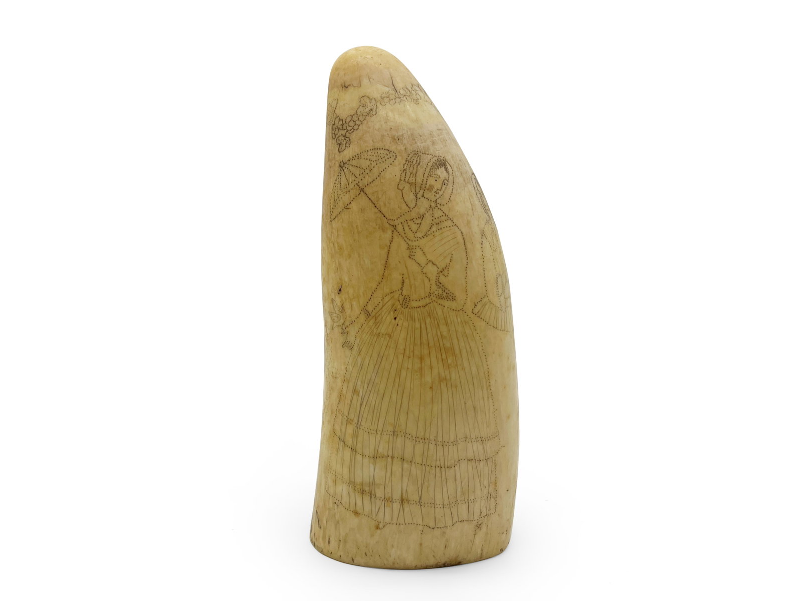 19th C. Scrimshaw Carving Signed Pyle: A 19th C. scrimshaw carving depicting two women, a rooster, snake, and gentleman figure. Signed "Wm. J Pyle". 7-1/2in tall x 3-1/4in wide x 2-3/4in deep. | Philadelphia Metro area delivery, NYC curbsi