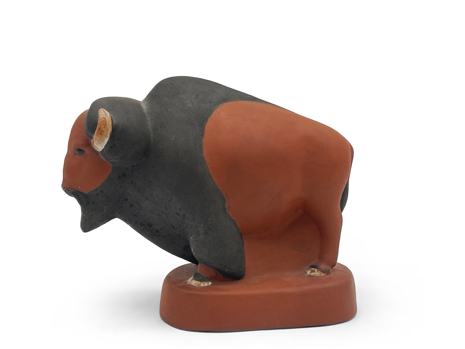 Nicodemus Ferrostone Pottery: Buffalo: A Nicodemus Ferrostone buffalo form pottery sculpture. Marked on underside. 6in tall x 7in wide. | Philadelphia Metro area delivery, NYC curbside delivery, and international third-party shipper inform