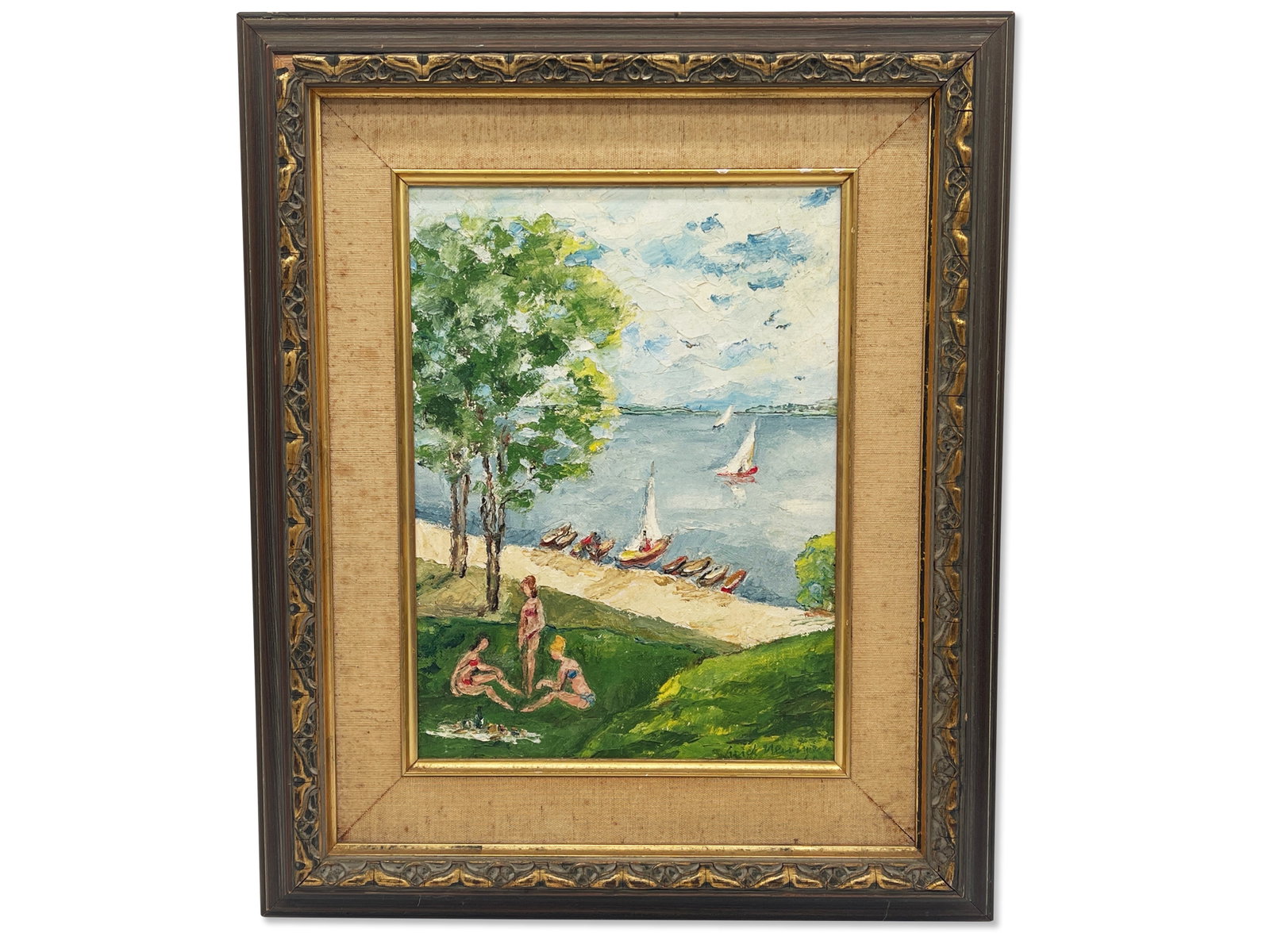 Impressionist Oil/Board: Beach Scene: An Impressionist-style oil on board beach scene with sailboats and figures lower left. Signed lower right. Board: 11in x 8-1/2in. Frame: 17-1/2in x 15in. | Philadelphia Metro area delivery, NYC curbsi