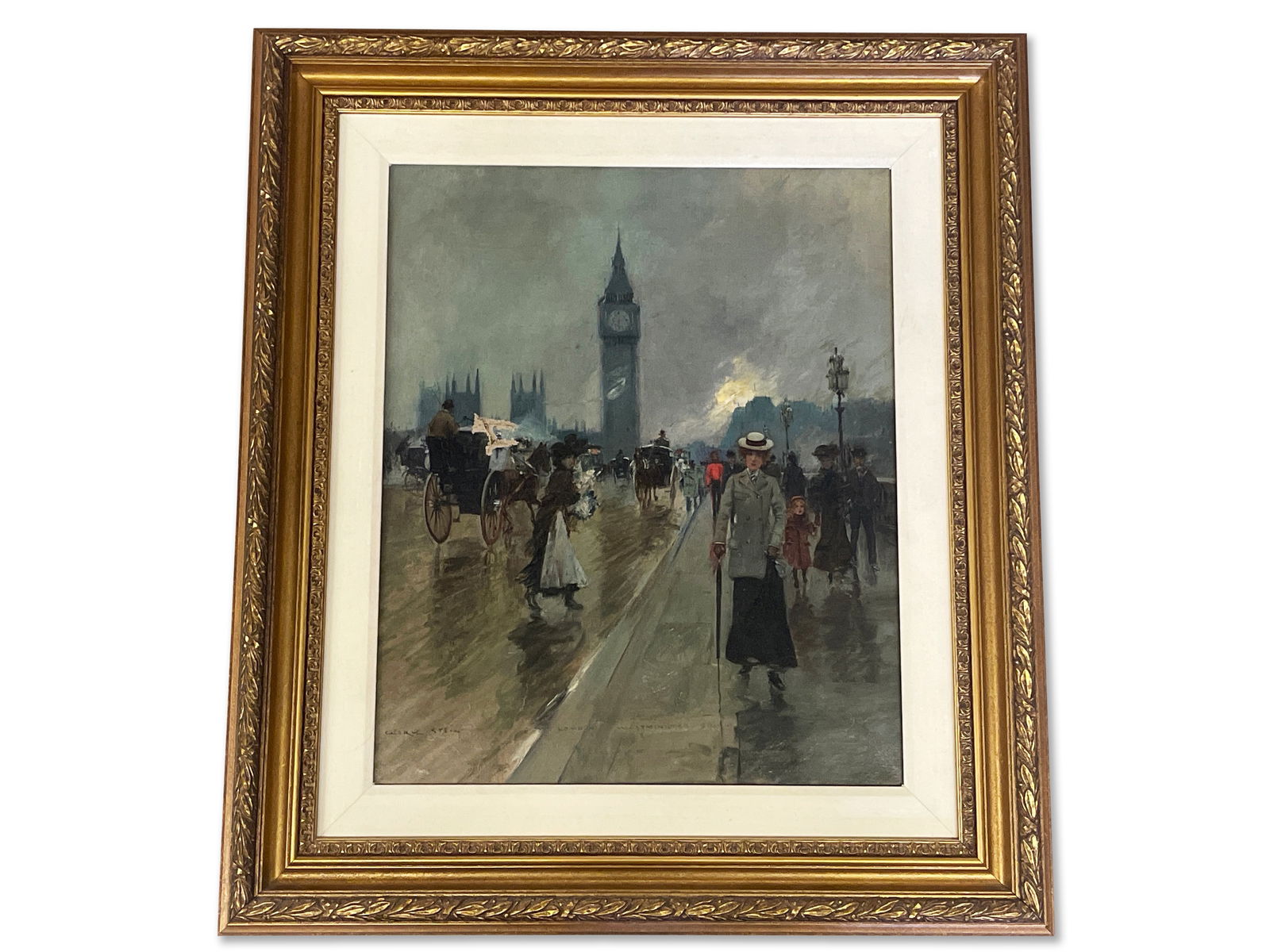 Georges Stein. Oil/Canvas: Westminster: Georges Stein (French/American, 1870-1930). An oil on canvas scene of Westminster. Signed lower left. Canvas: 22in x 17in. Frame: 31in x 27in. | Philadelphia Metro area delivery, NYC curbside delivery