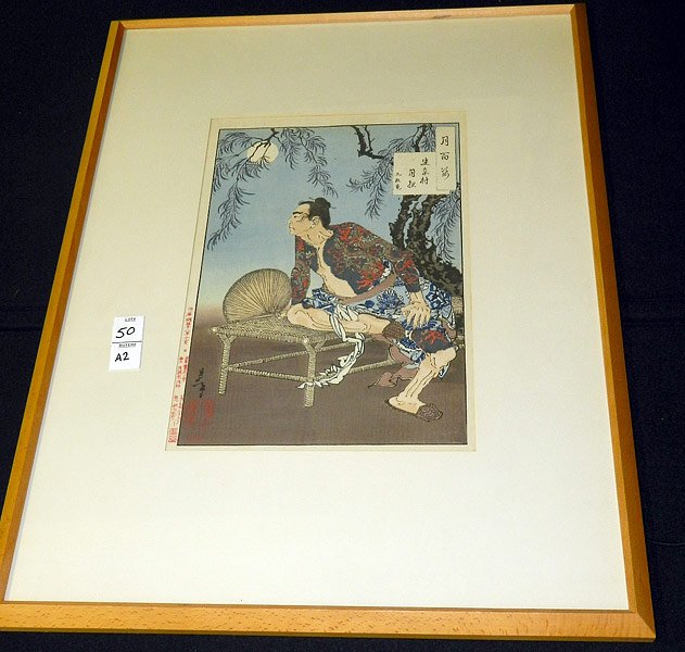Taiso Yoshitoshi, Woodblock Print: Taiso Yoshitoshi, Japanese woodblock print. Seated man looking over his right shoulder. Hand written information in the margin. Image Size: 13" x 9-1/4".